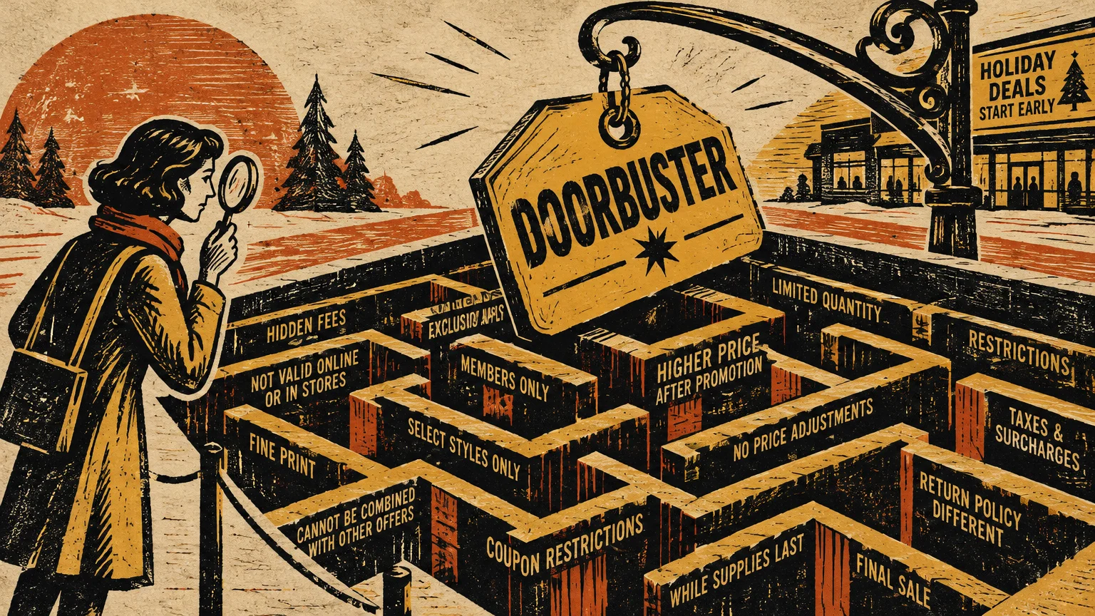 Illustration of a shopper with a magnifying glass examining a maze filled with retail restrictions beneath a doorbuster sign.