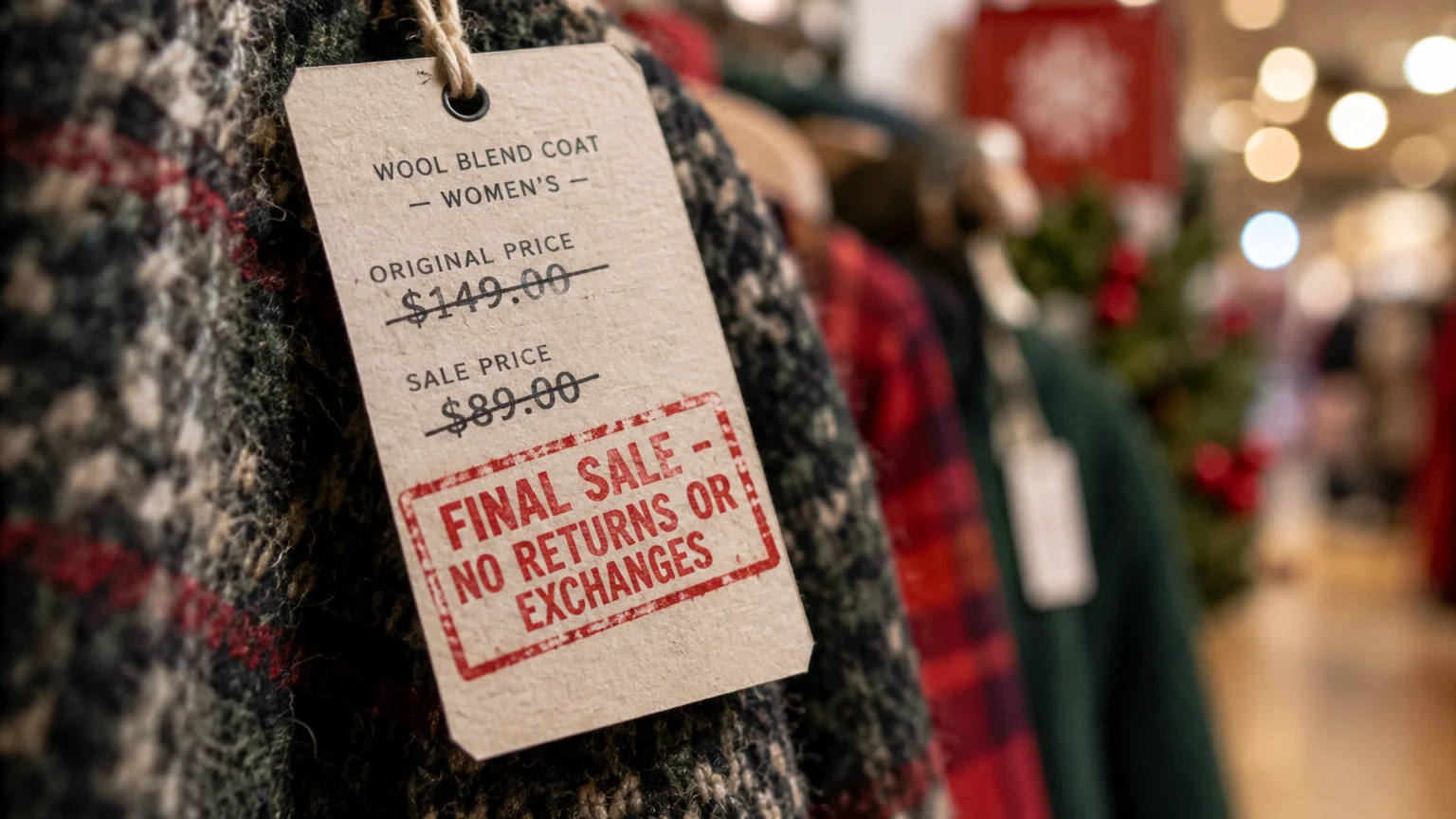 Price tag on a wool coat stamped in red with final sale no returns or exchanges text.
