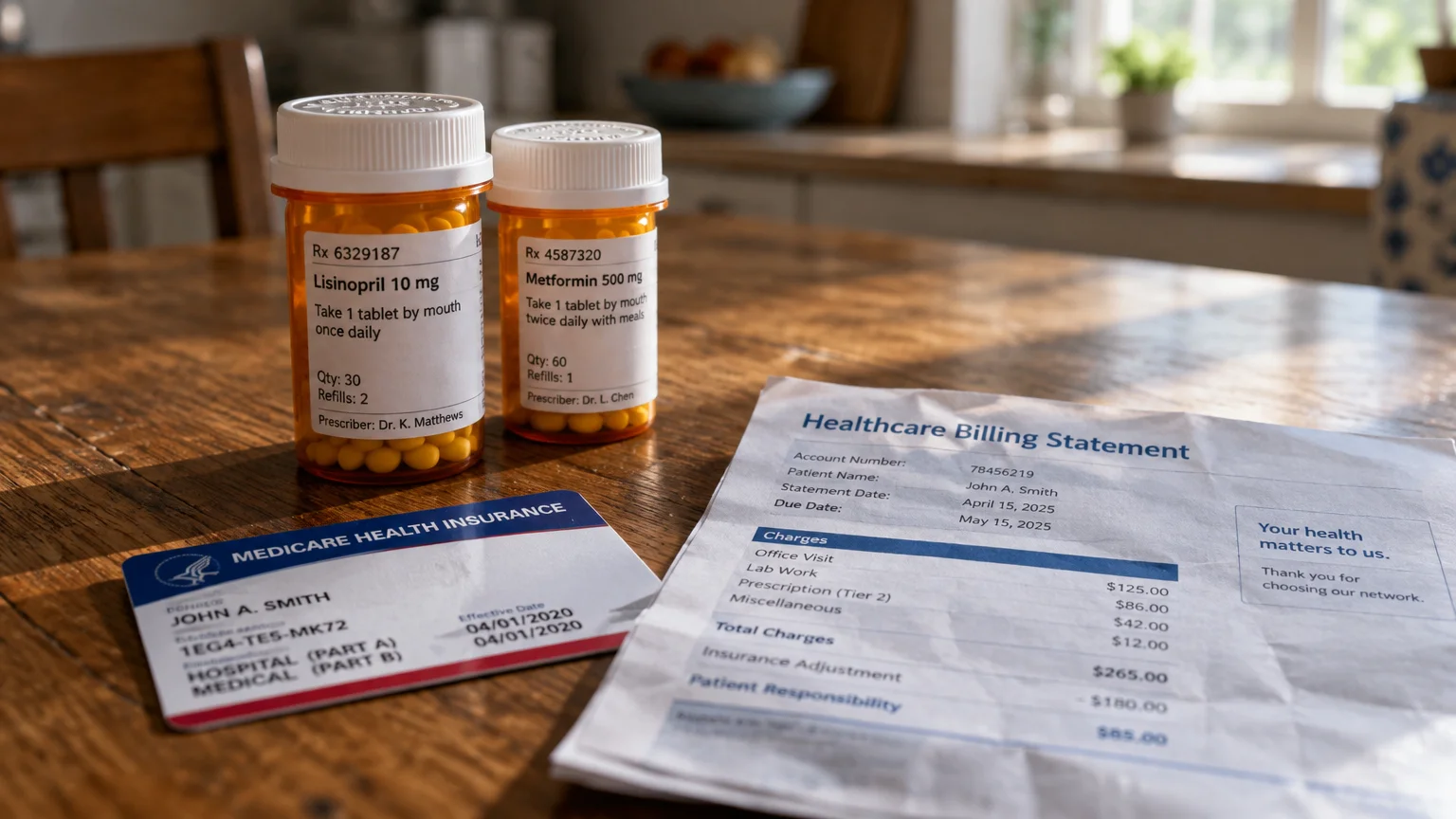 Two prescription pill bottles, a Medicare health insurance card, and a healthcare billing statement on a wooden table.