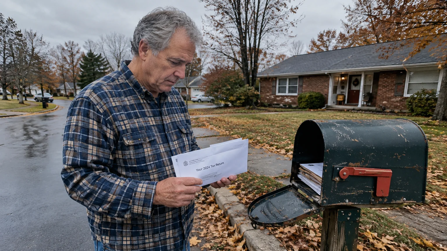 A man standing by an open curbside mailbox on a suburban street holds an envelope labeled Your 2024 Tax Return.