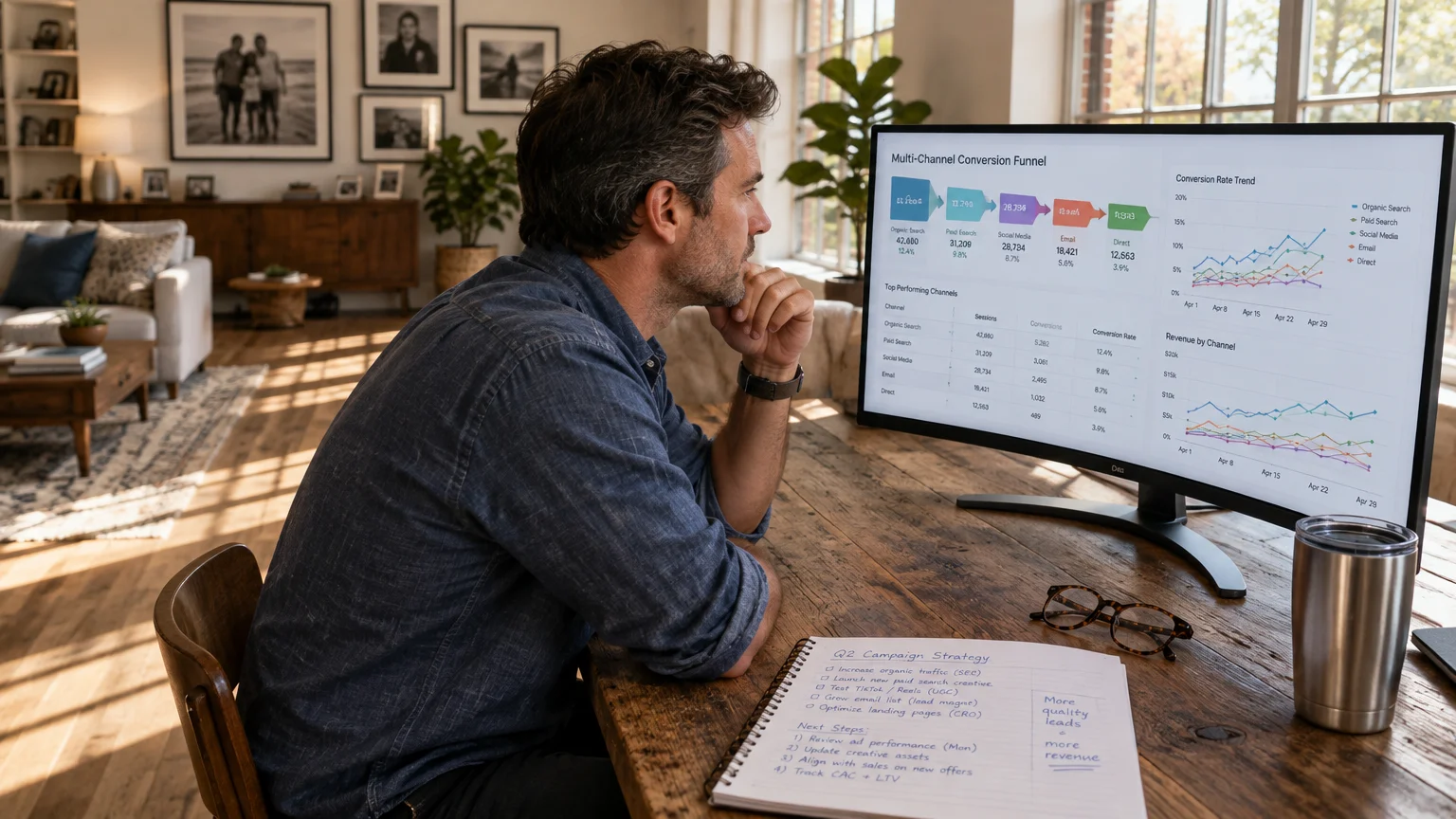 A man at a wooden desk looking at digital marketing charts and conversion analytics displayed on a widescreen monitor.