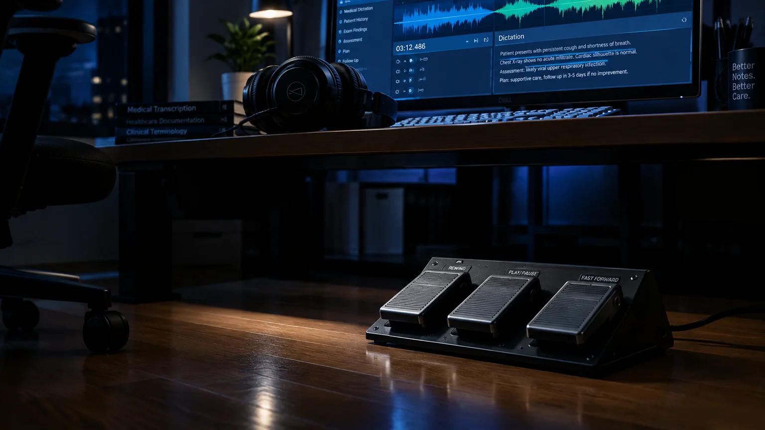 Transcription foot pedal on a hardwood floor under a desk with headphones and a monitor showing audio dictation software.