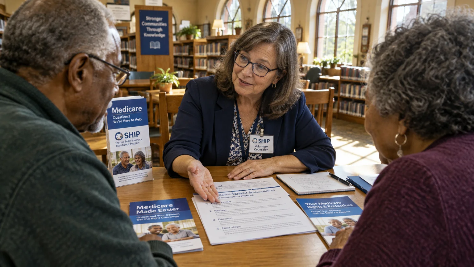 A female SHIP counselor in glasses sits at a library table discussing Medicare papers with an older couple.