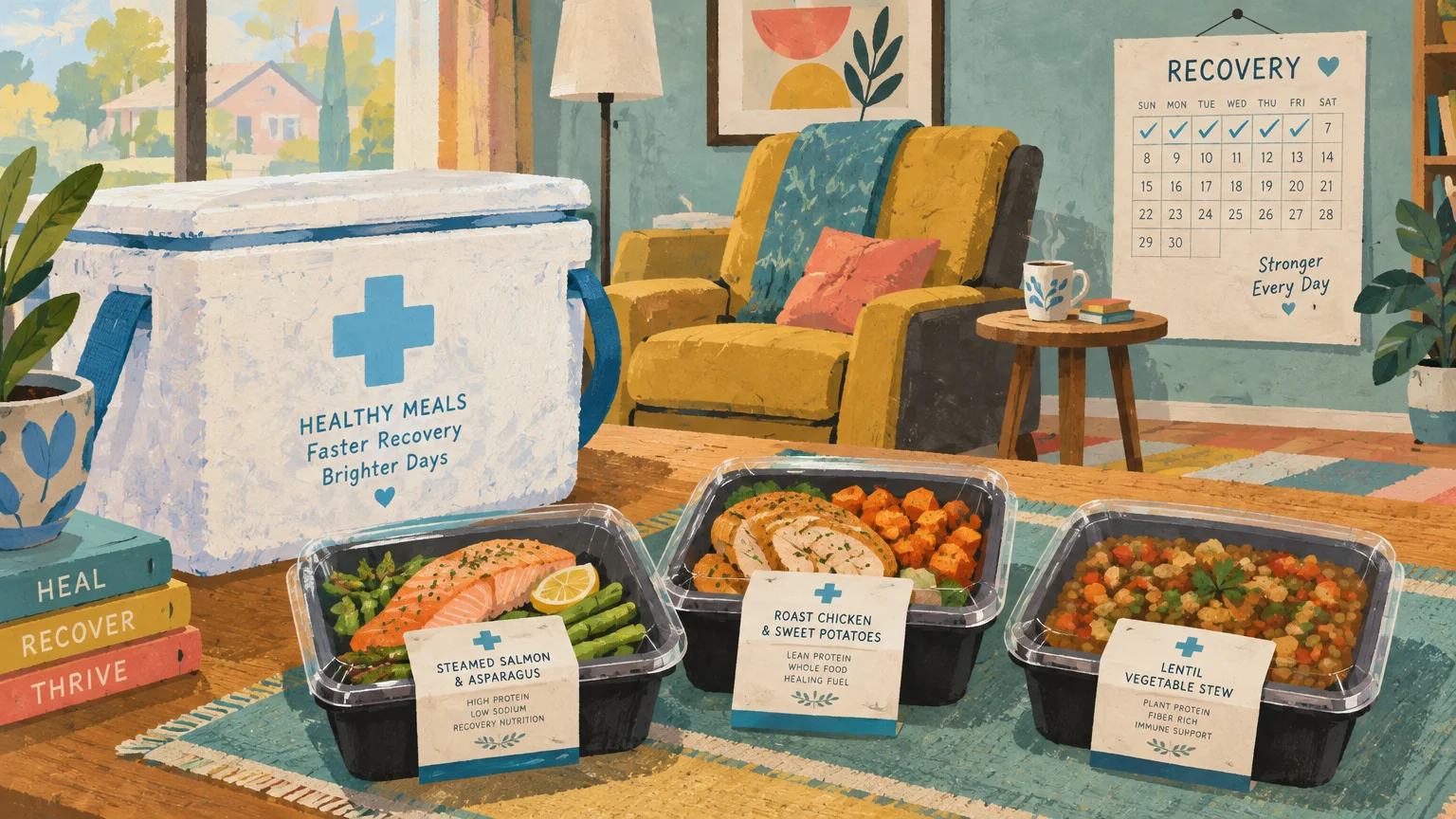 Illustration of prepared meal containers with salmon, chicken, and stew next to a medical meal delivery cooler in a home.