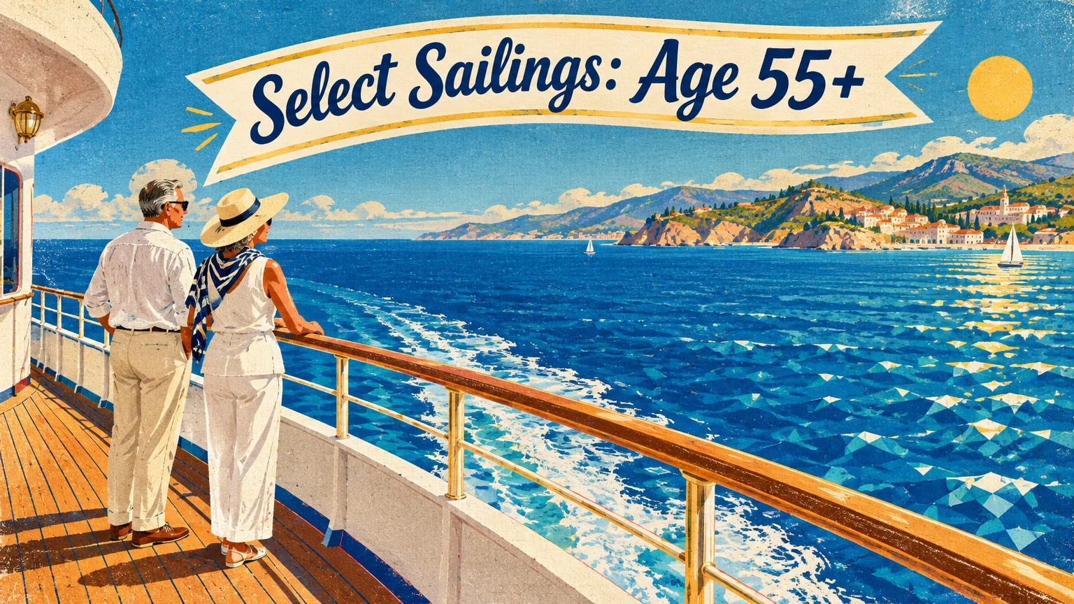 Illustration of an older couple on a cruise ship deck looking at a coastal town beneath a banner reading Select Sailings: Age 55+.