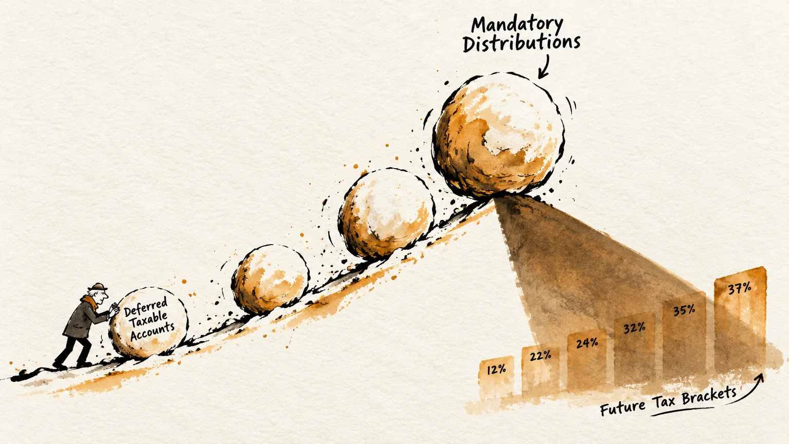Illustration of a man rolling a snowball labeled Deferred Taxable Accounts uphill toward a bar chart of tax brackets.