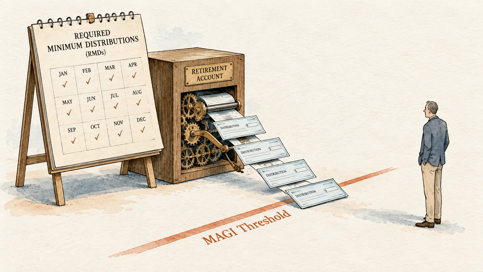 Illustration of a retirement account machine printing distribution checks across a red MAGI threshold toward a man.