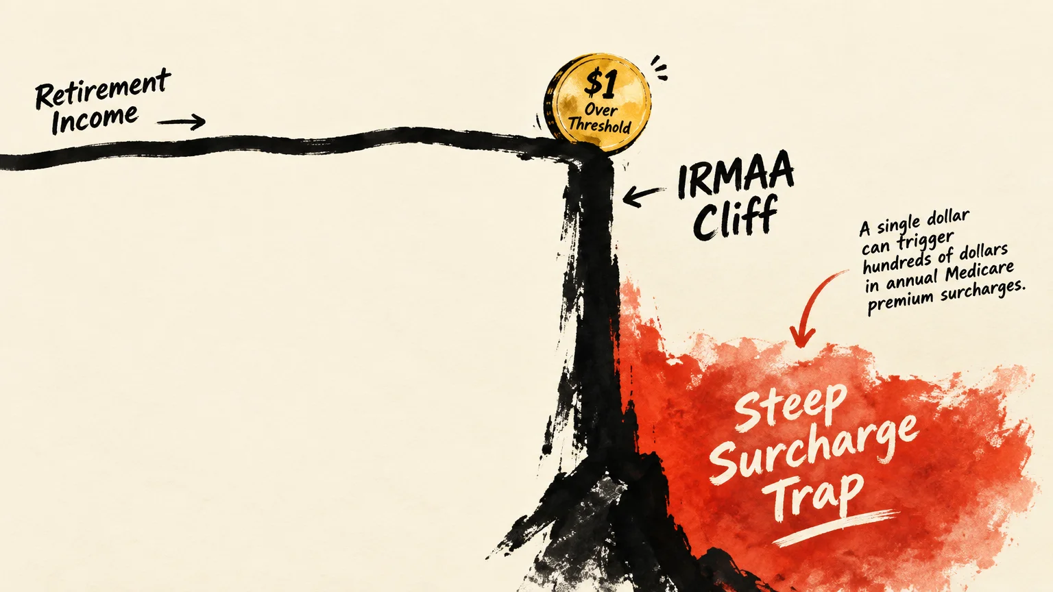 A gold coin labeled $1 Over Threshold balances on an IRMAA cliff edge above a red steep surcharge trap.