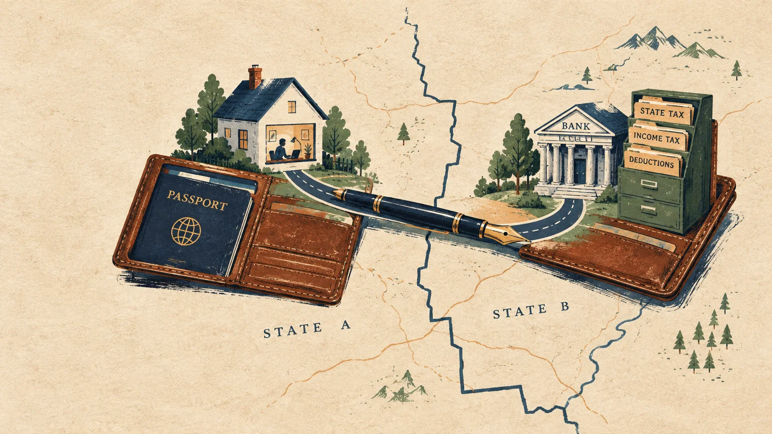 A wallet spanning two states connects a house to a bank and tax filing cabinet across a border map.
