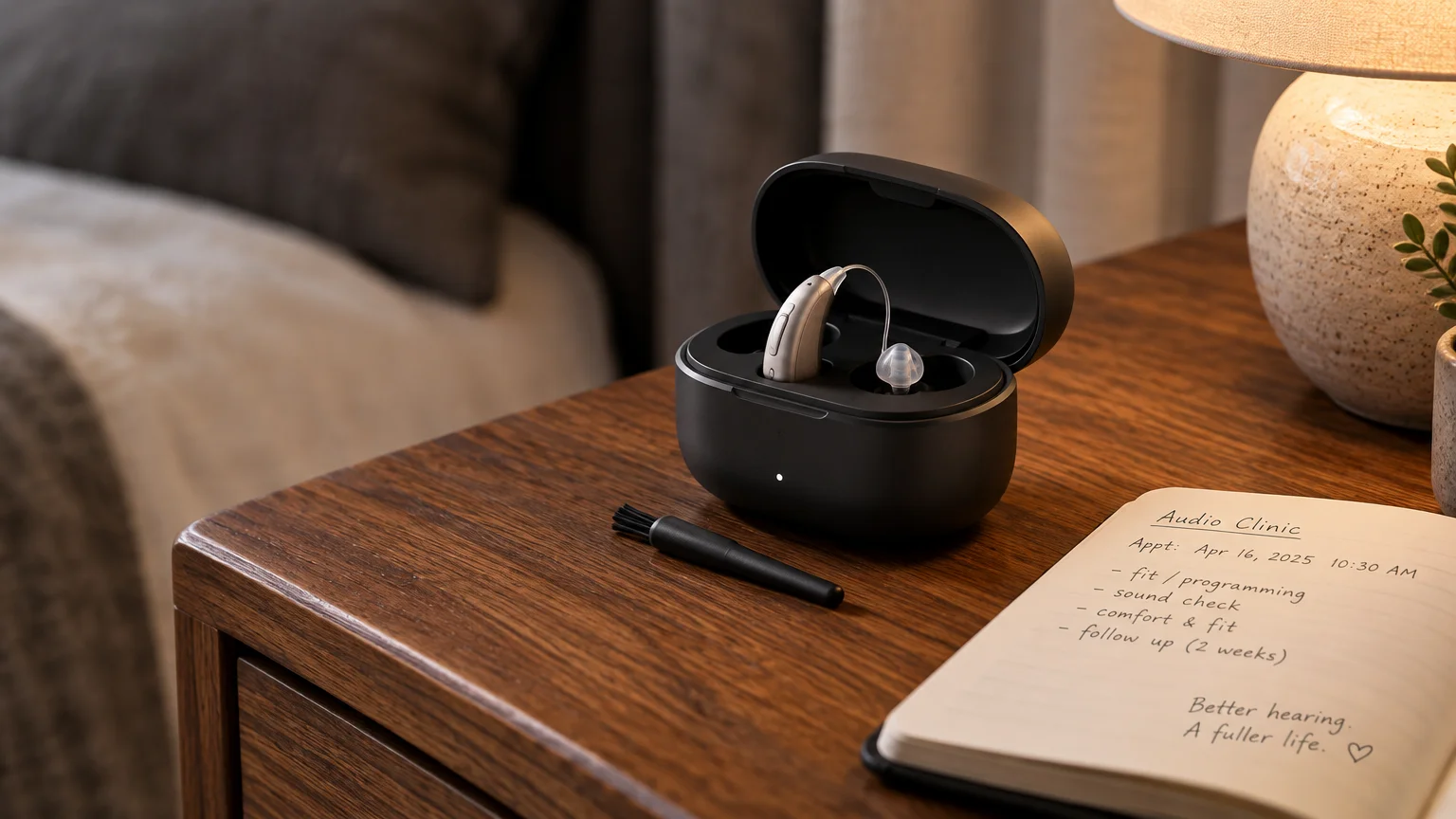 A hearing aid in an open black charging case sits on a wooden nightstand next to a notebook and cleaning brush.