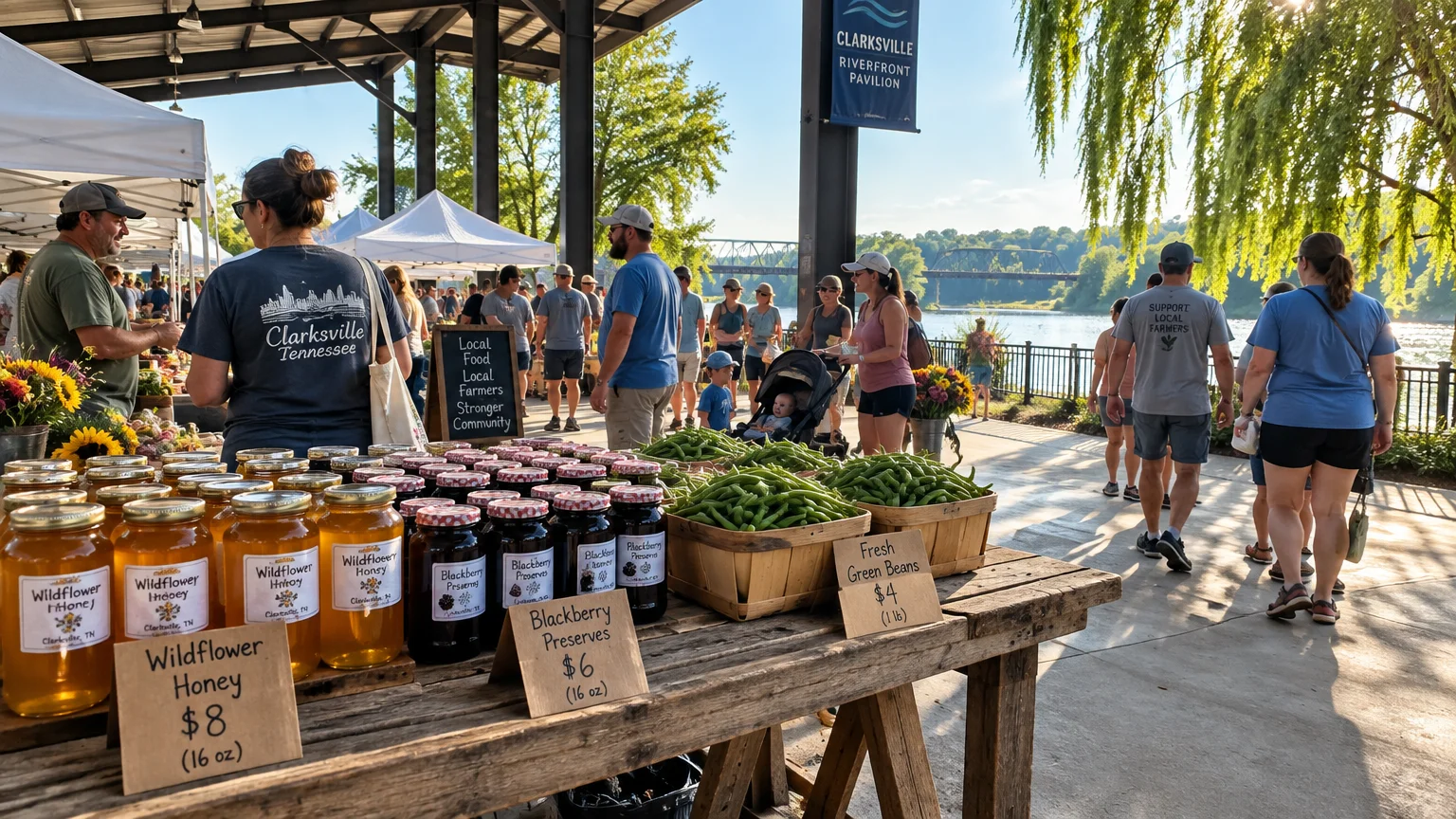 Market stall displaying honey, preserves, and green beans beside shoppers walking along a sunny riverfront pavilion.