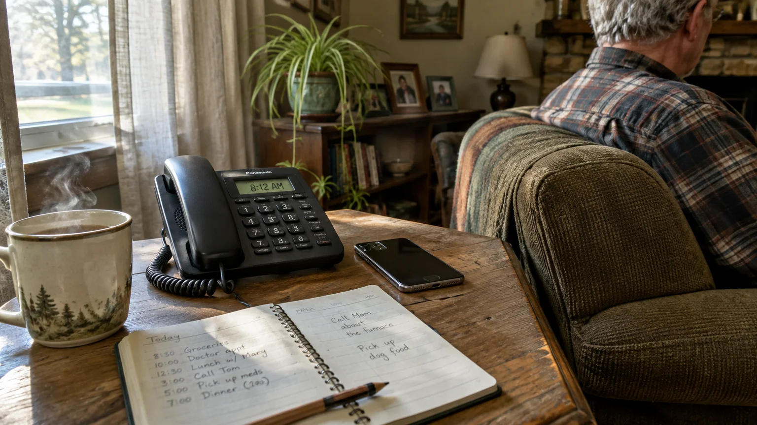 A landline phone showing 8:12 AM sits on a wooden table next to a notebook, smartphone, and steaming mug by a seated senior.