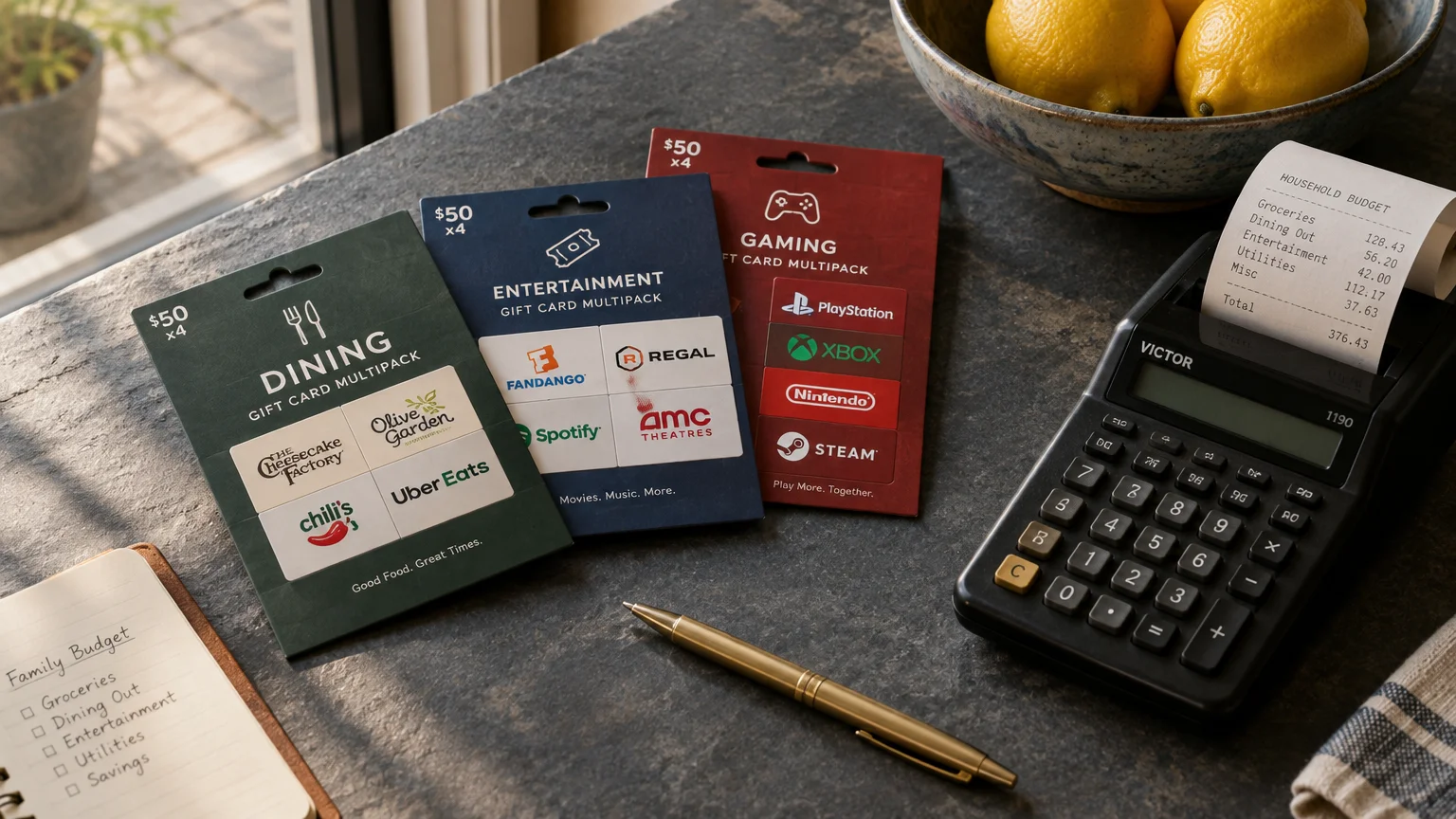 Multipacks of dining, entertainment, and gaming gift cards beside a calculator, budget notepad, and pen on a dark counter.