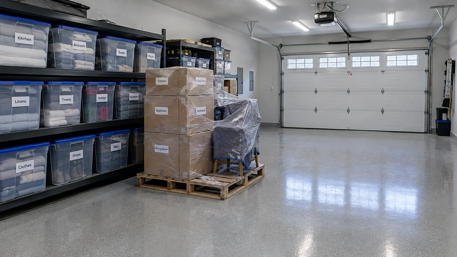 Organized garage with labeled clear bins on shelving and plastic-wrapped cardboard boxes on a wooden pallet.