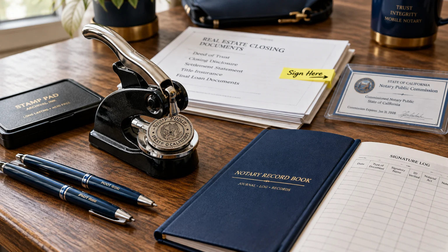 Notary embosser, ink pad, pens, record book, and real estate closing documents arranged on a wooden desk.