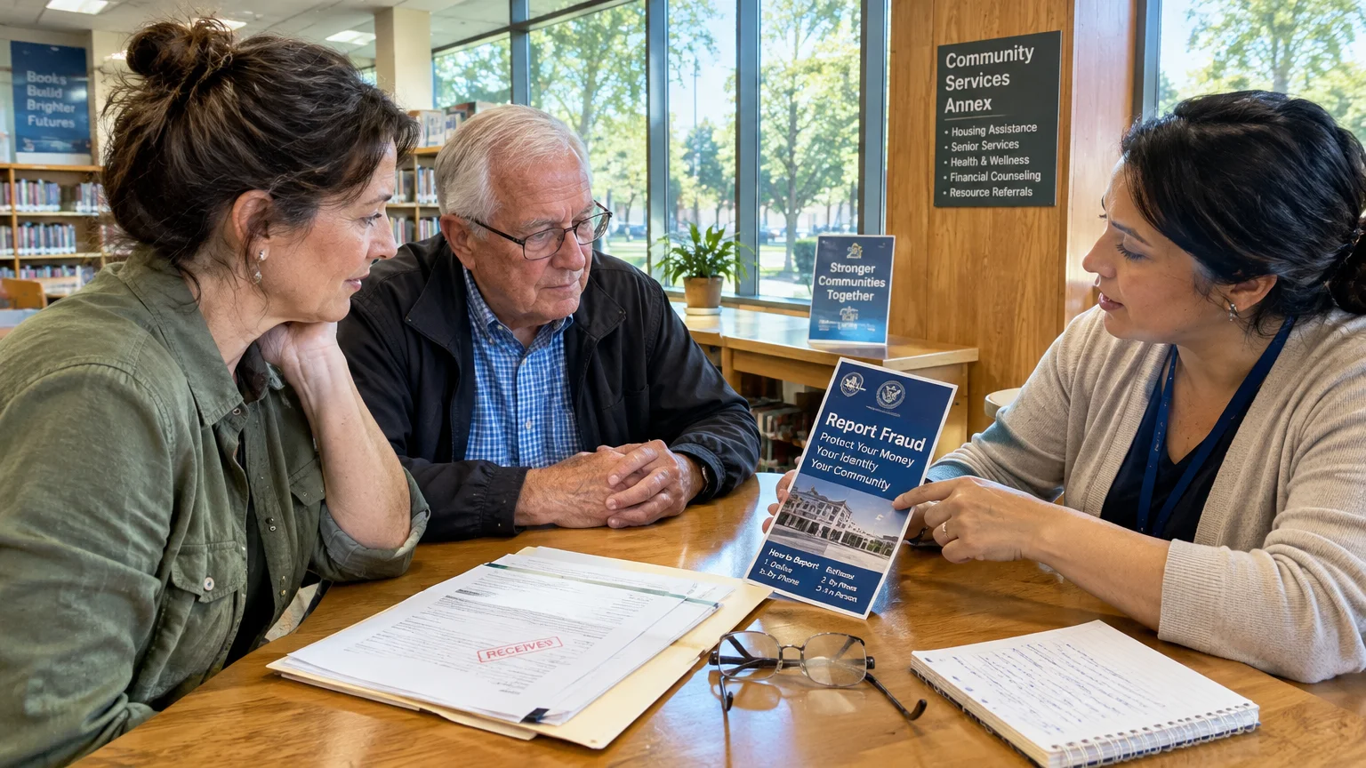 A woman points to a Report Fraud brochure while speaking with an older couple seated at a table with paperwork.