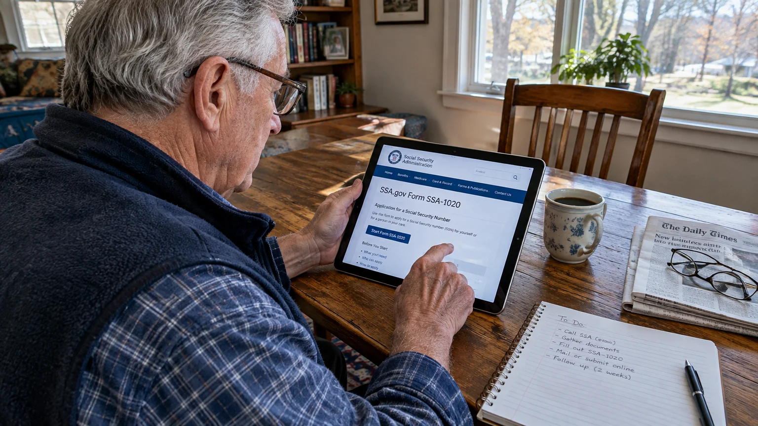 An older man sitting at a wooden table uses a tablet displaying the SSA.gov Form SSA-1020 webpage beside a notebook.