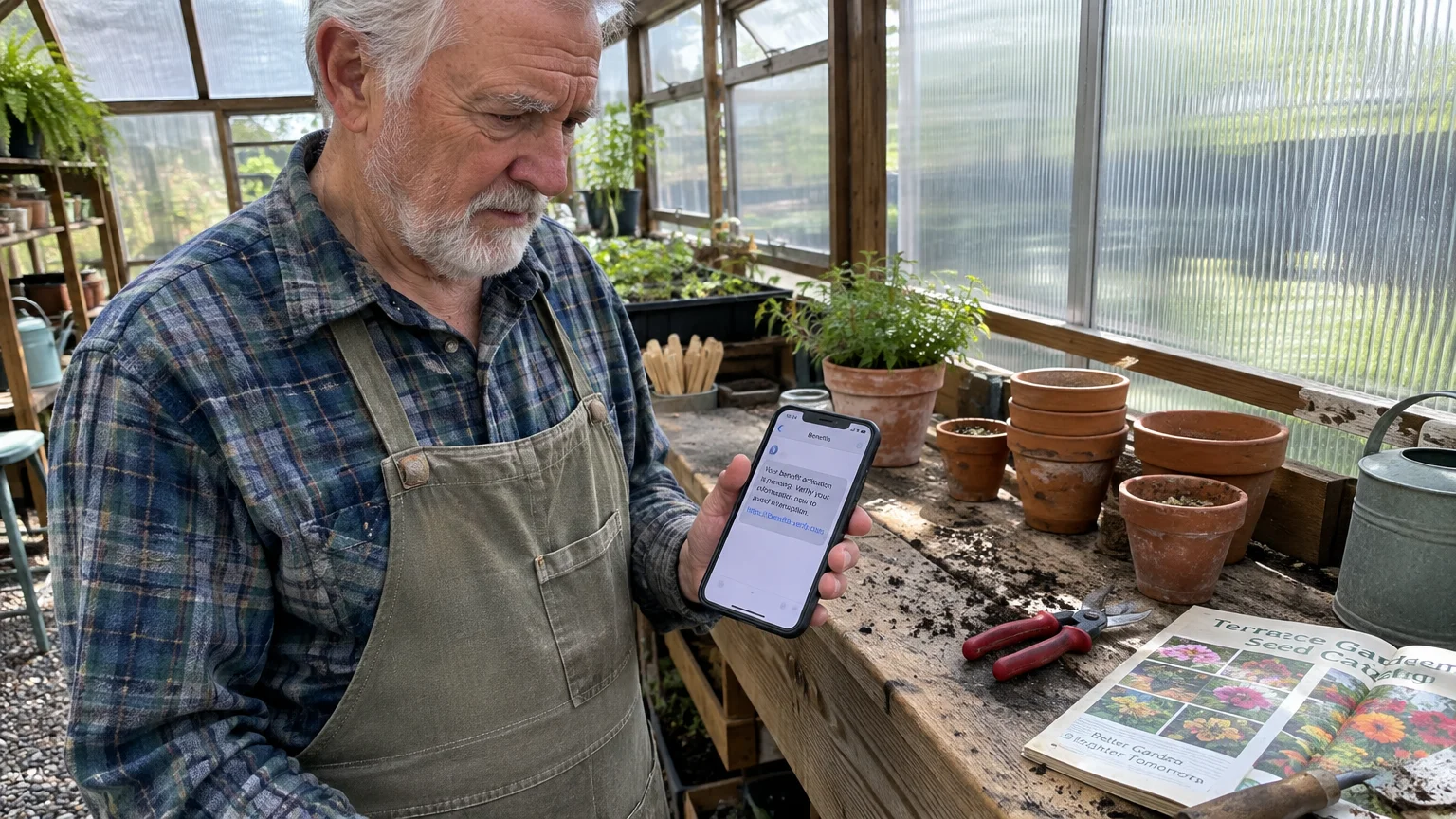 An older man in an apron inside a greenhouse holds up a smartphone displaying a text message about benefit activation.