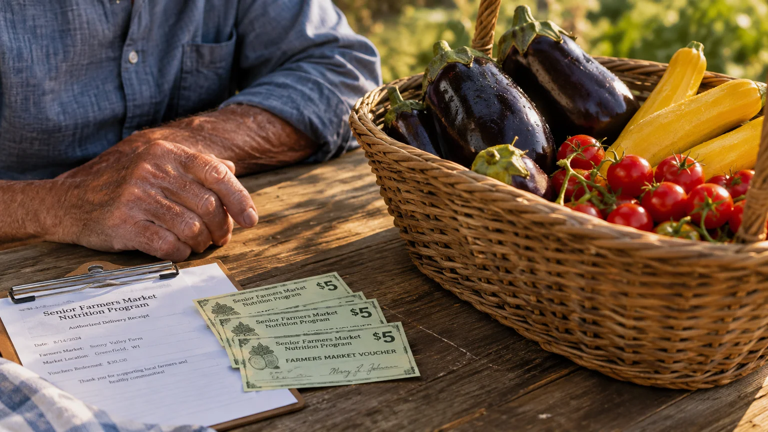 A person sits beside a basket of fresh produce, a clipboard delivery receipt, and three five-dollar program vouchers.