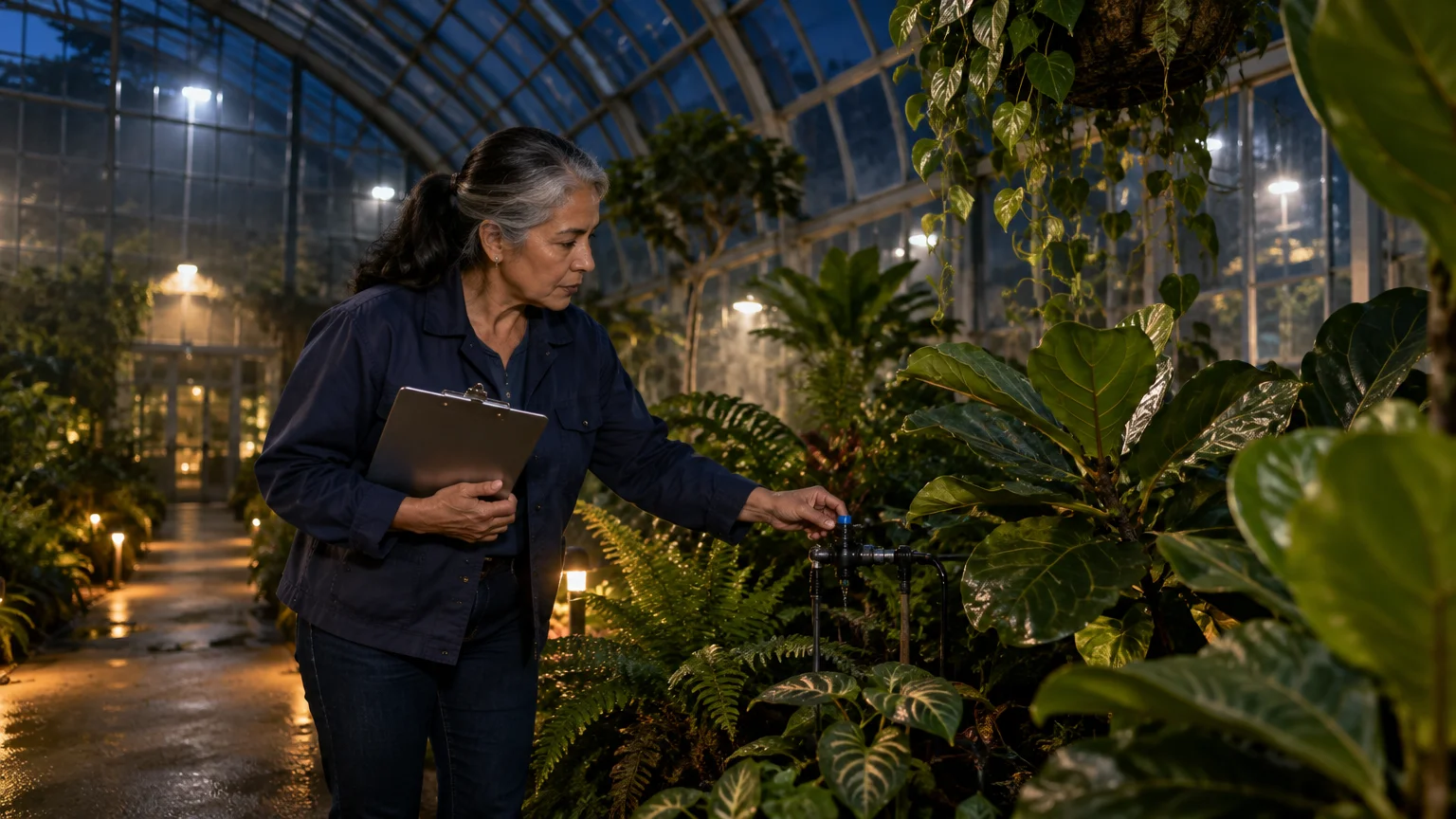 Older woman holding a clipboard and adjusting an irrigation valve in a lush greenhouse at night.