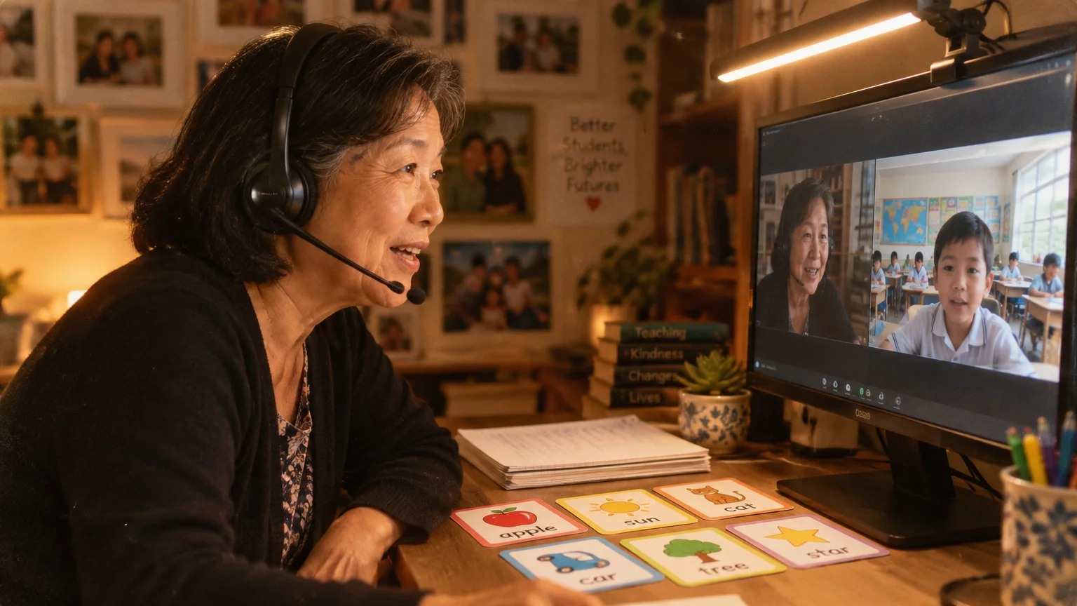 A woman wearing a headset conducts a video tutoring session with a young student on her computer screen.