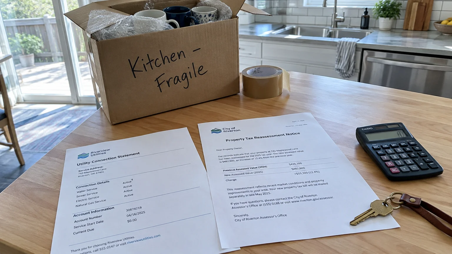 Moving box labeled kitchen fragile with utility statement, property tax reassessment notice, and calculator on a counter.