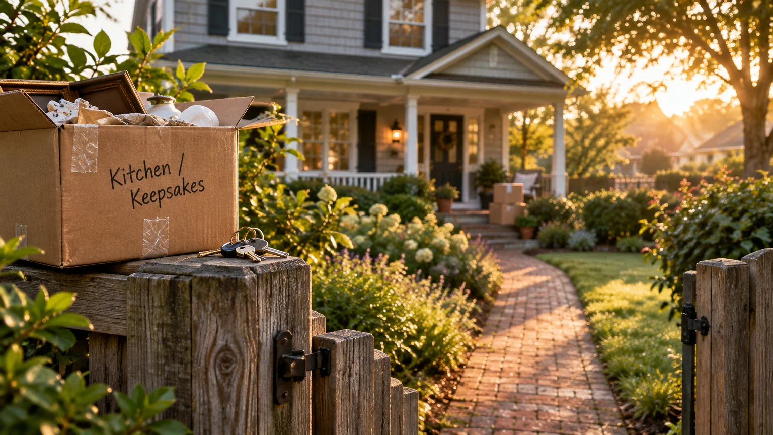 Moving box labeled Kitchen Keepsakes and house keys resting on a rustic wooden gate outside a suburban home.