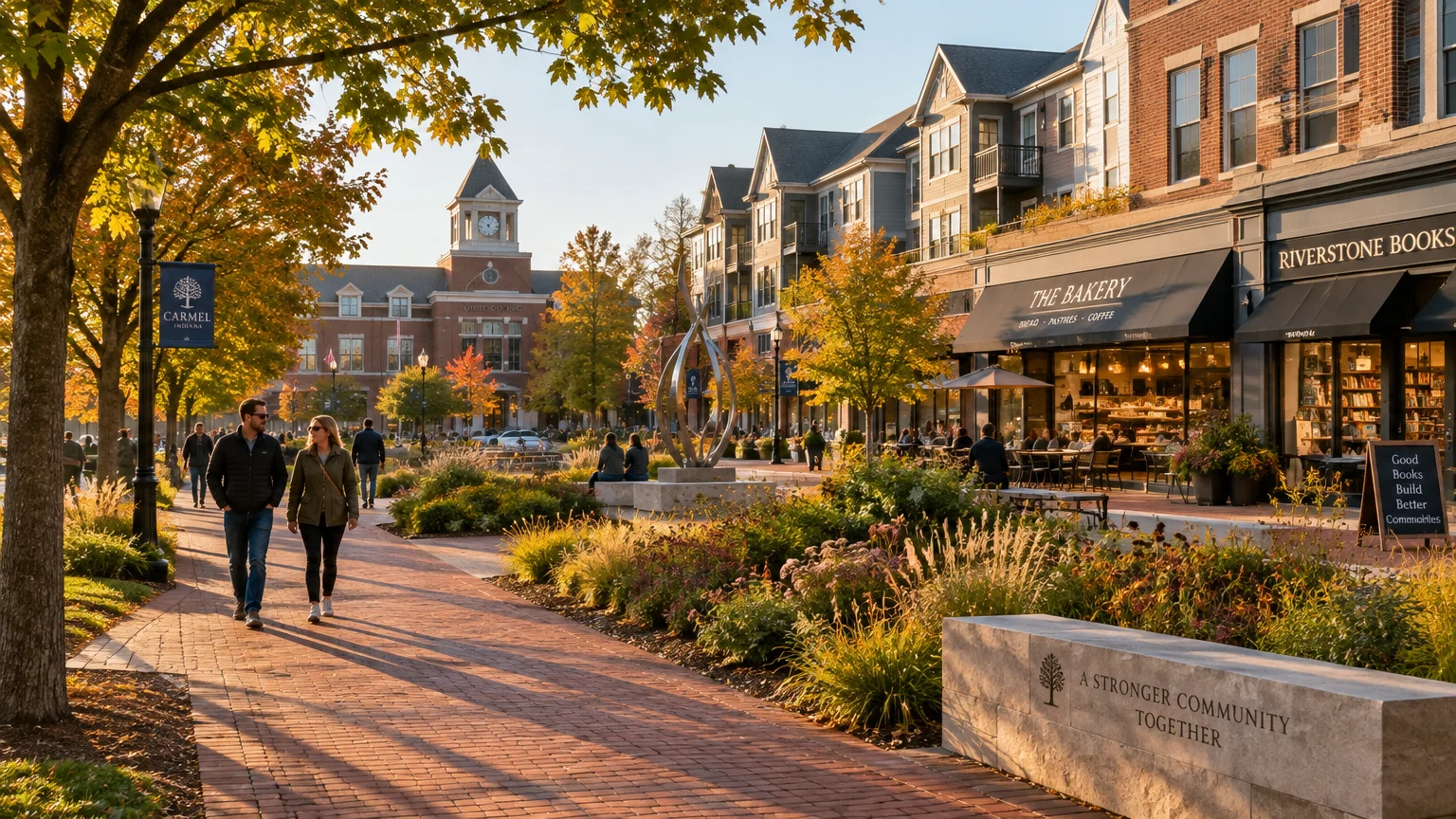 Pedestrians stroll along a brick promenade lined with shops, outdoor seating, flowerbeds, and a clock tower in Carmel, Indiana.