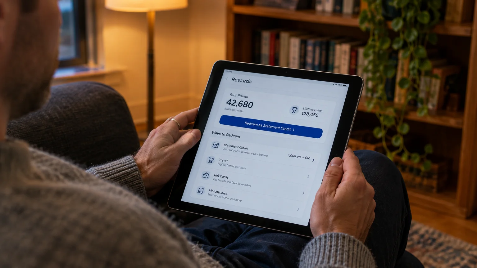 Person holding a tablet displaying a credit card rewards balance and statement credit redemption options.
