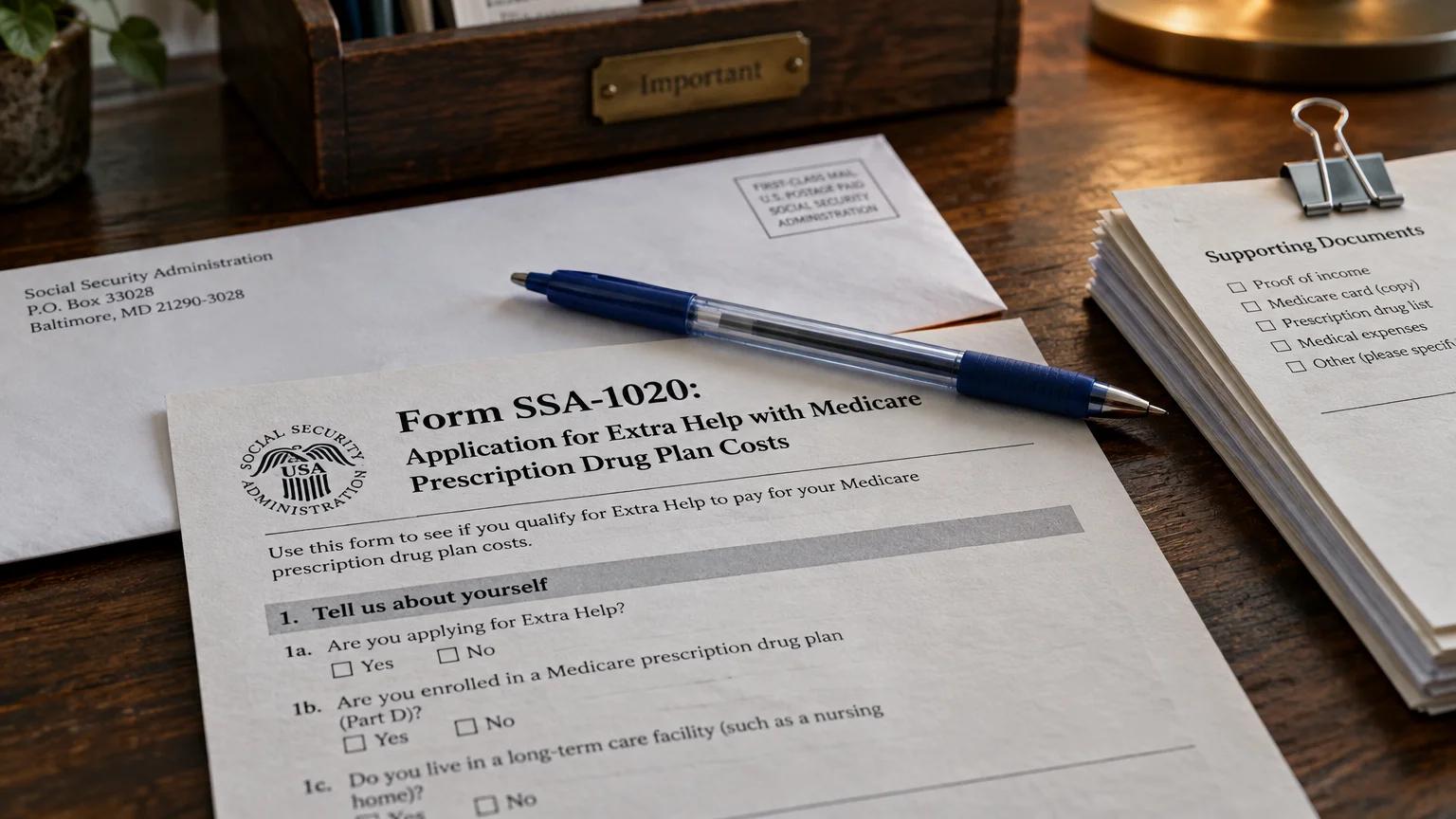 Social Security Form SSA-1020 paper application on a wooden desk beside a blue pen and a mailing envelope.