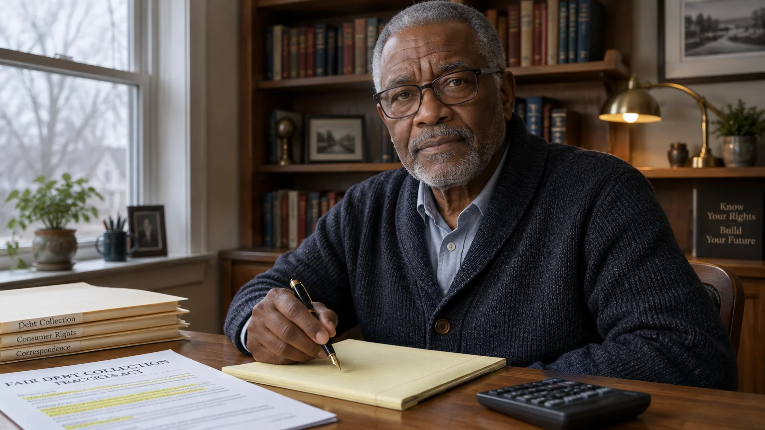 A senior man in glasses writes on a yellow notepad at a desk with debt collection documents and a bookshelf behind him.