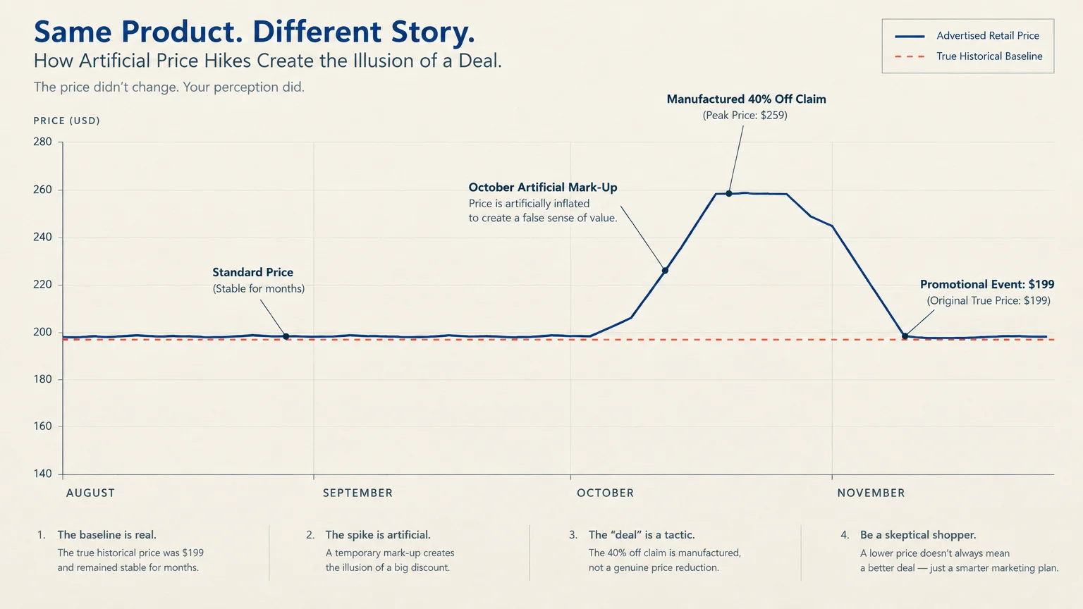 Line graph comparing advertised retail price against true historical baseline, showing an artificial price hike before a sale.