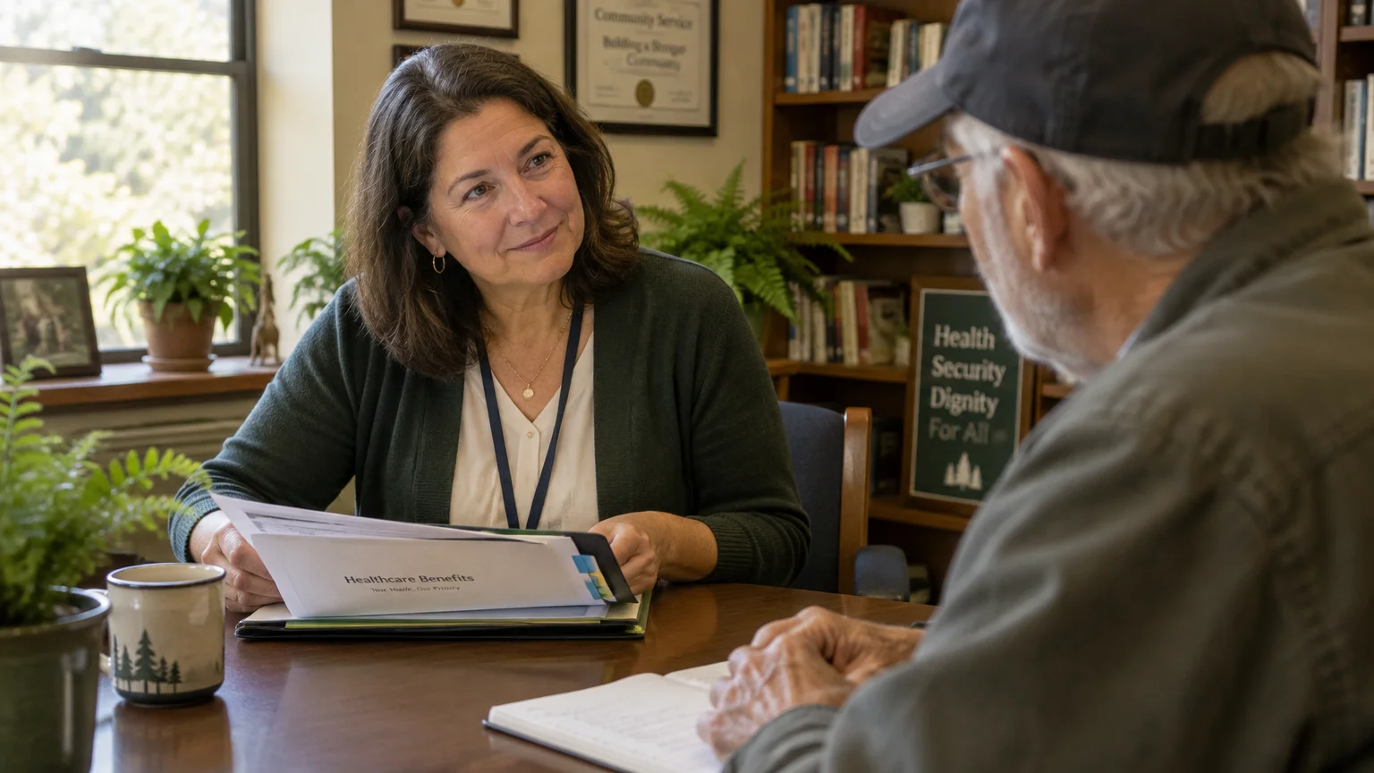 A smiling woman holding healthcare benefits paperwork consults with a senior man across an office desk.