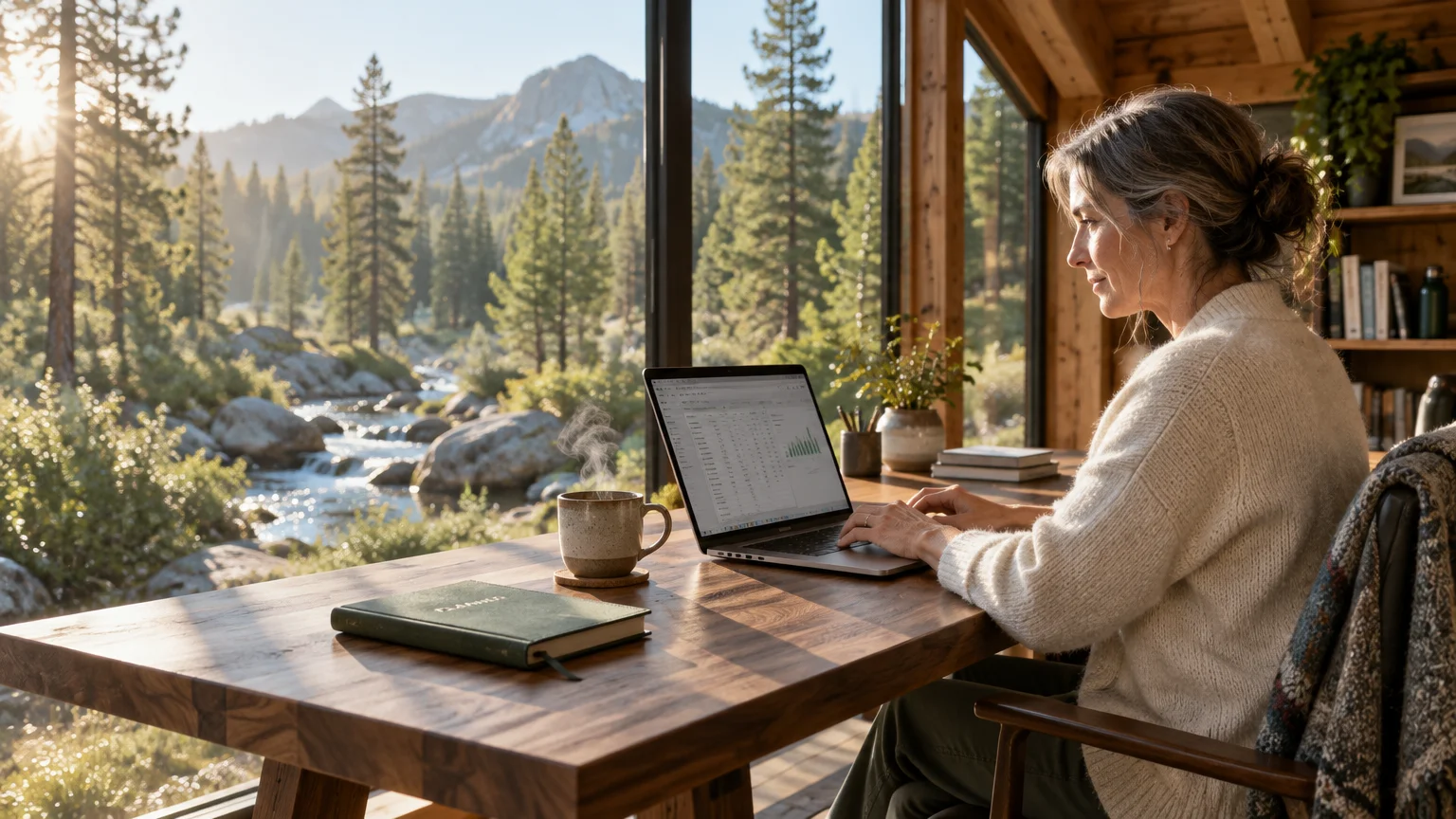 A woman types on a laptop at a wooden desk facing large windows overlooking a forest stream and mountains.