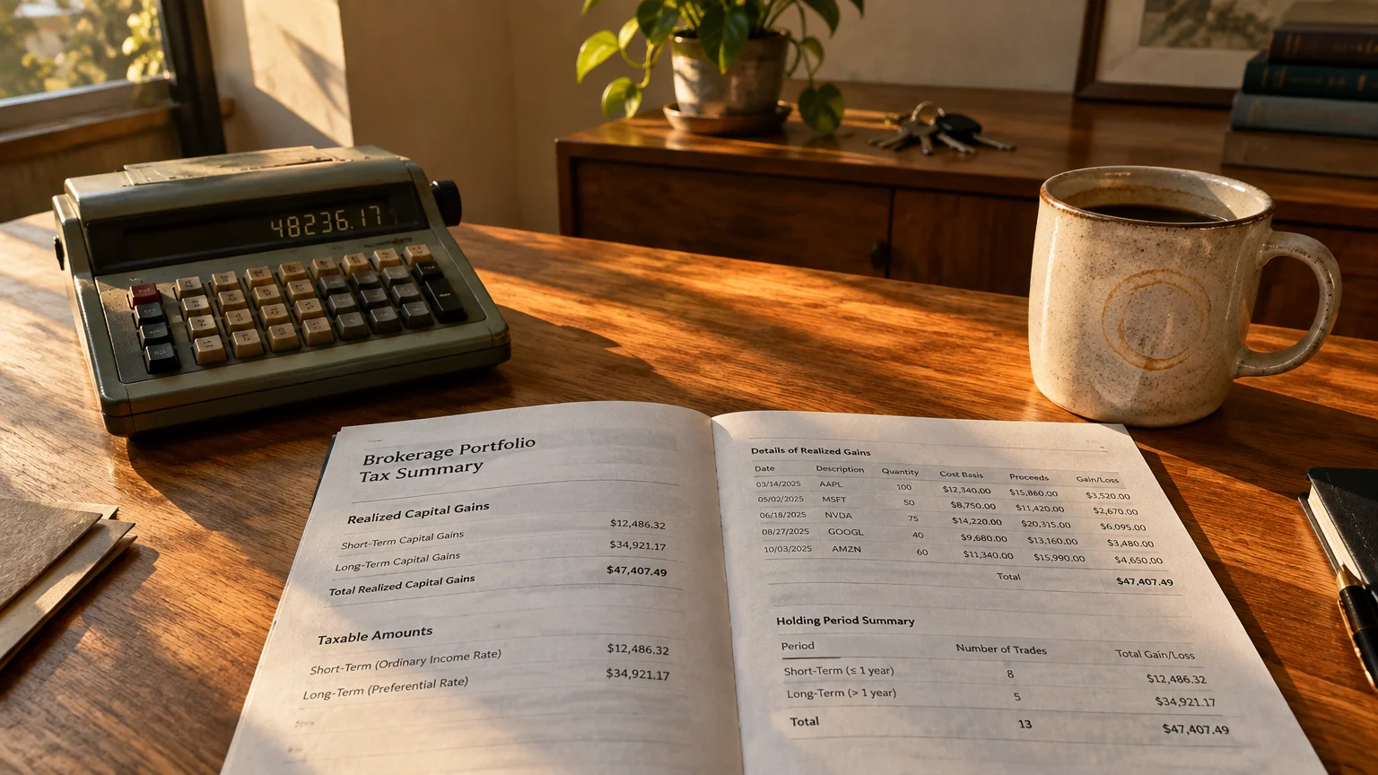 Brokerage portfolio tax summary open on a wooden desk beside a vintage calculator and a ceramic coffee mug.