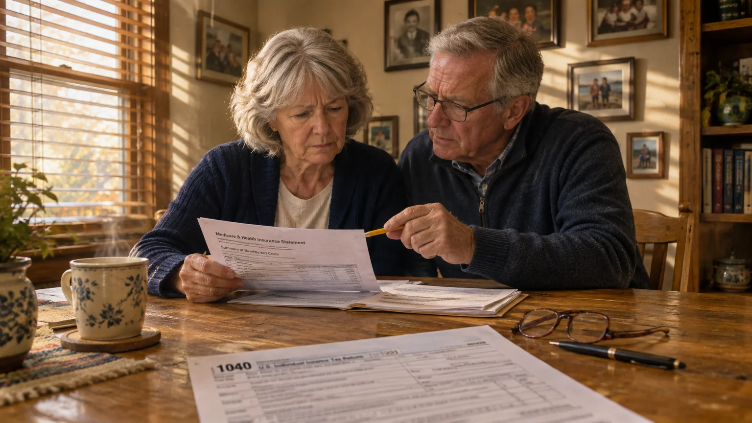A senior couple sitting at a wooden dining table reviews a Medicare statement with tax documents laid out before them.