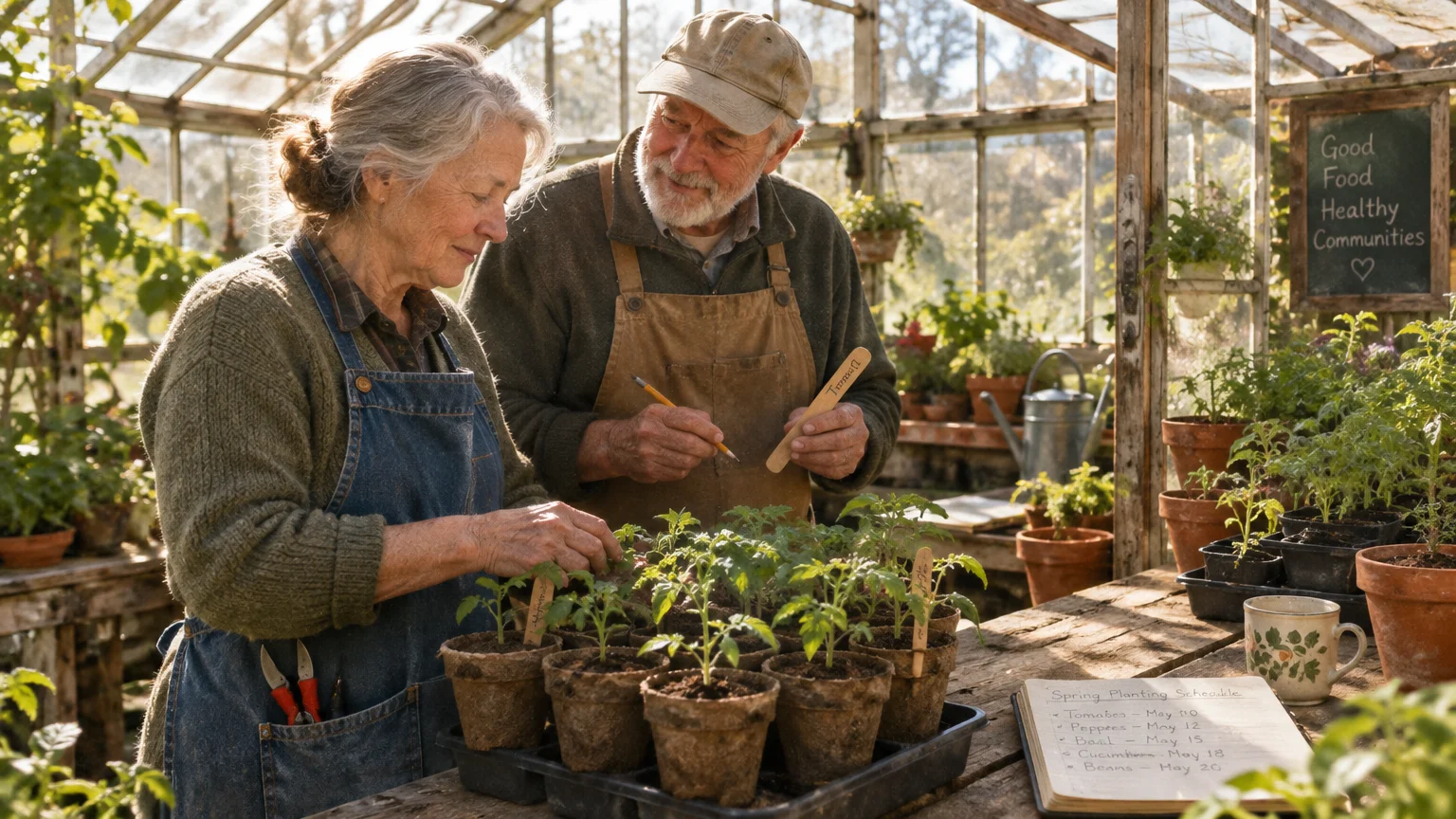 Senior couple wearing aprons working with small potted seedlings on a wooden table inside a sunlit greenhouse.