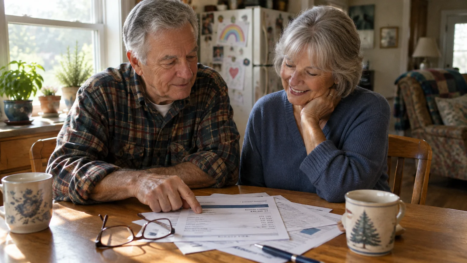 Senior couple sitting at a wooden kitchen table reviewing financial papers and documents together.