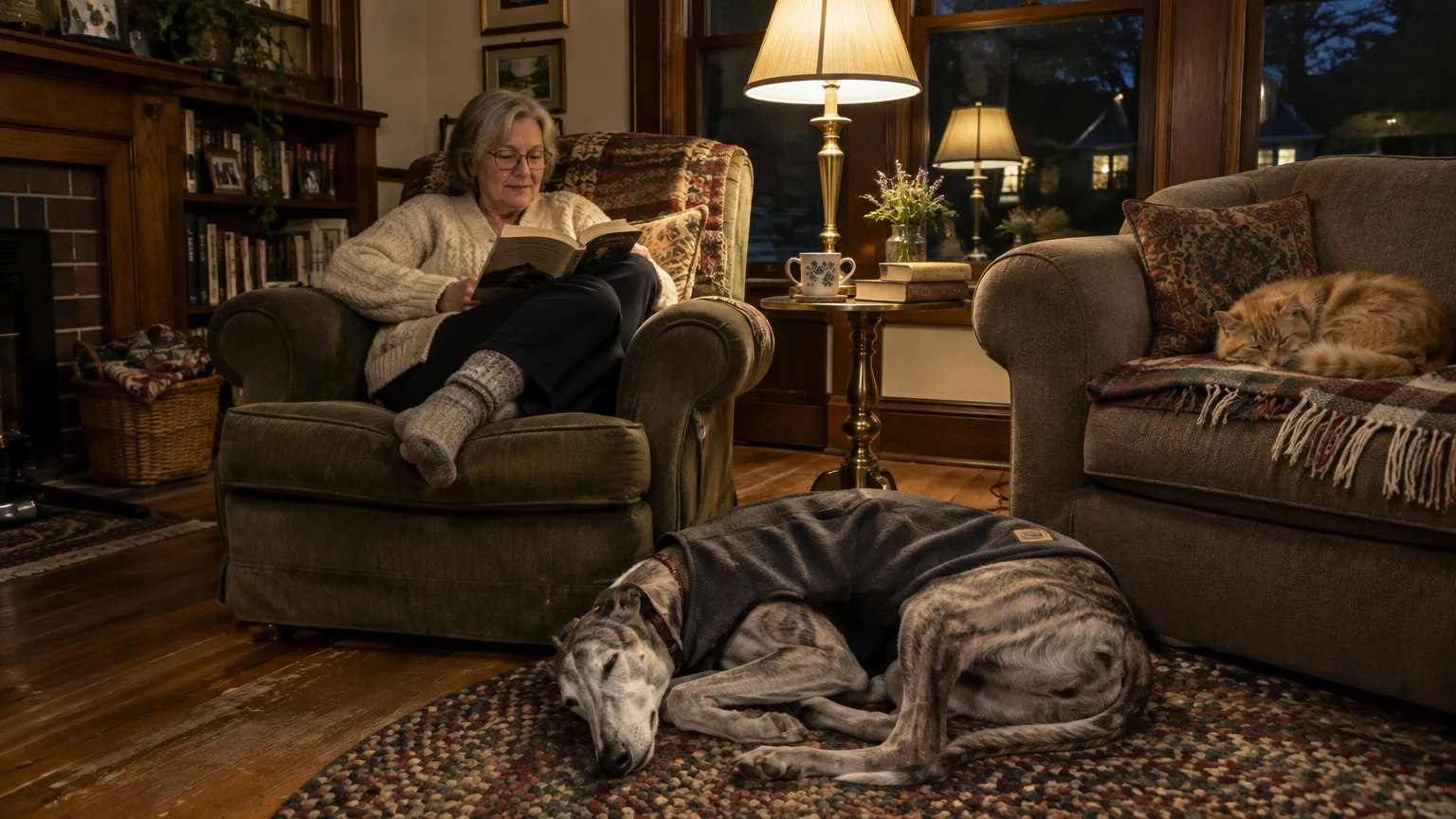 A woman reads in an armchair beside a sleeping dog on a rug and an orange cat curled up on a sofa.