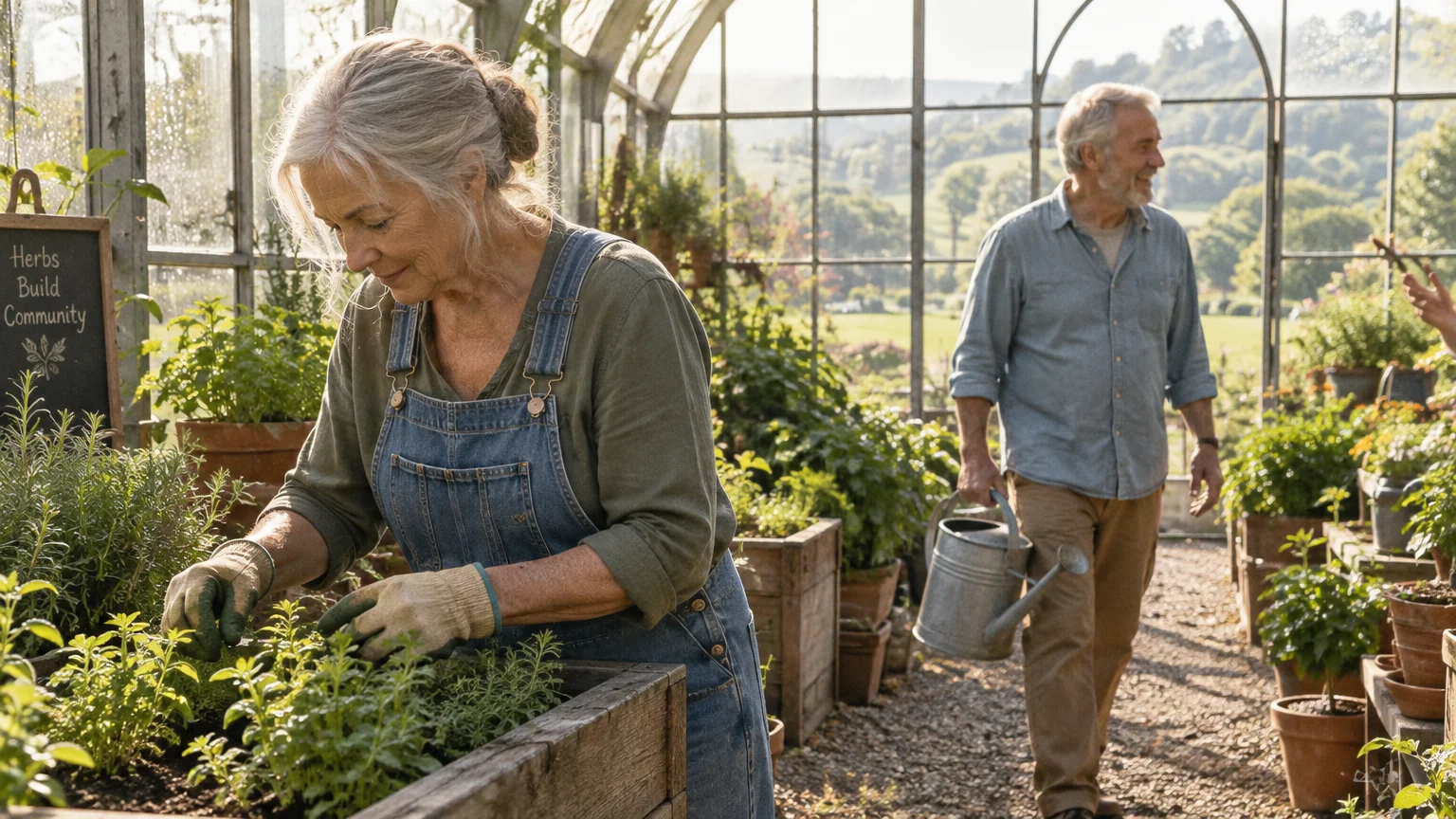 An older woman in overalls tends plants in a sunlit greenhouse as a senior man walks by with a watering can.