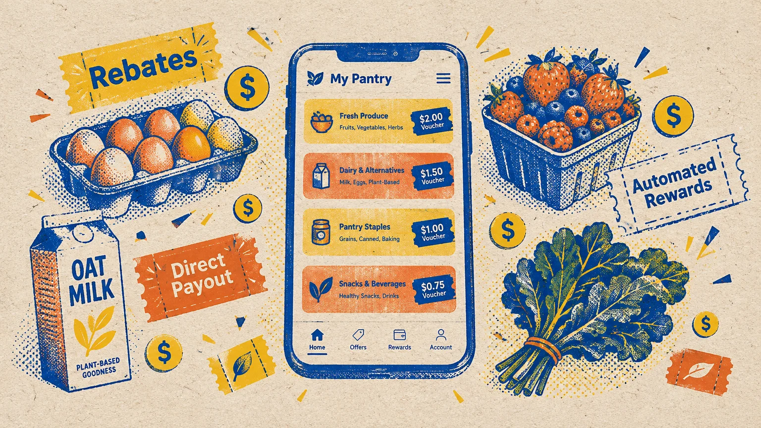 Smartphone displaying a grocery app surrounded by eggs, oat milk, berries, kale, dollar coins, and rebate coupons.
