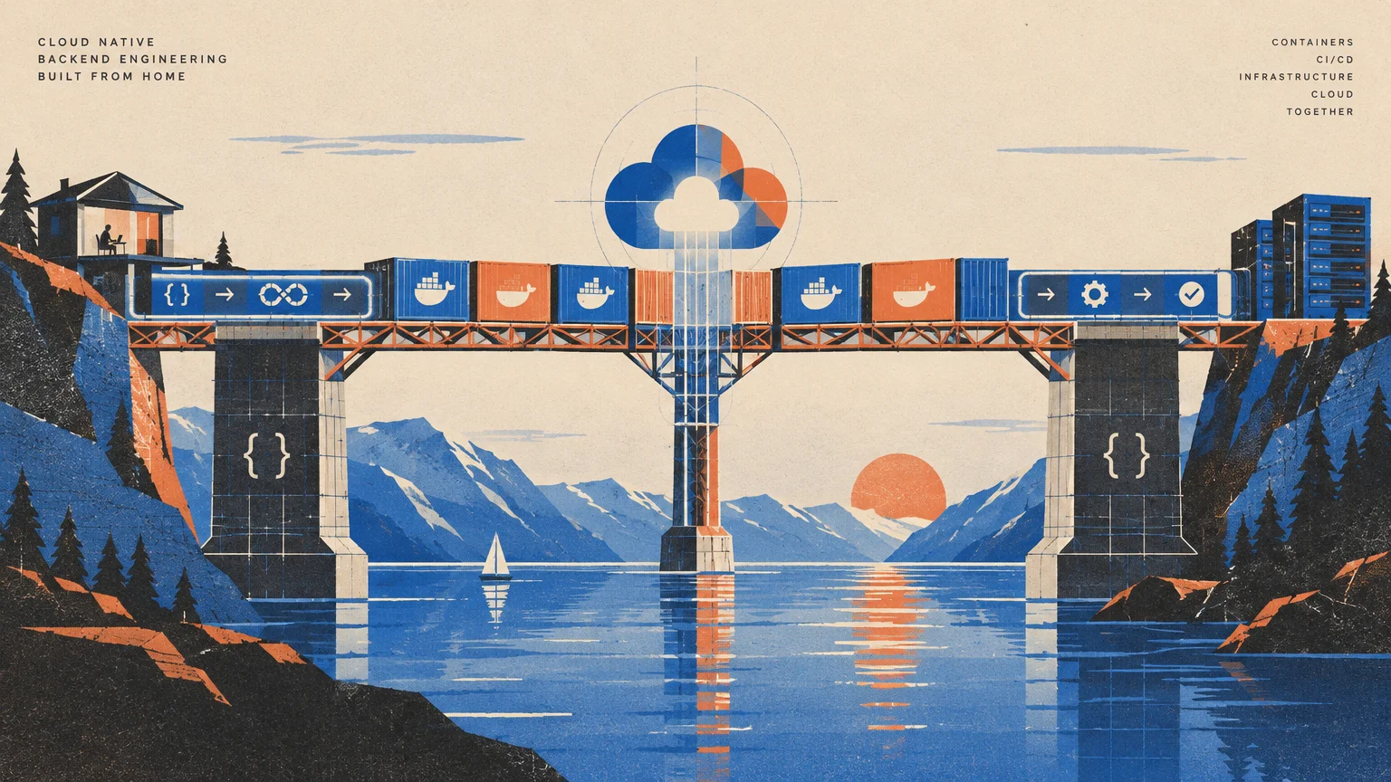 Illustration of a bridge carrying shipping containers and a cloud icon between a home office and server towers.