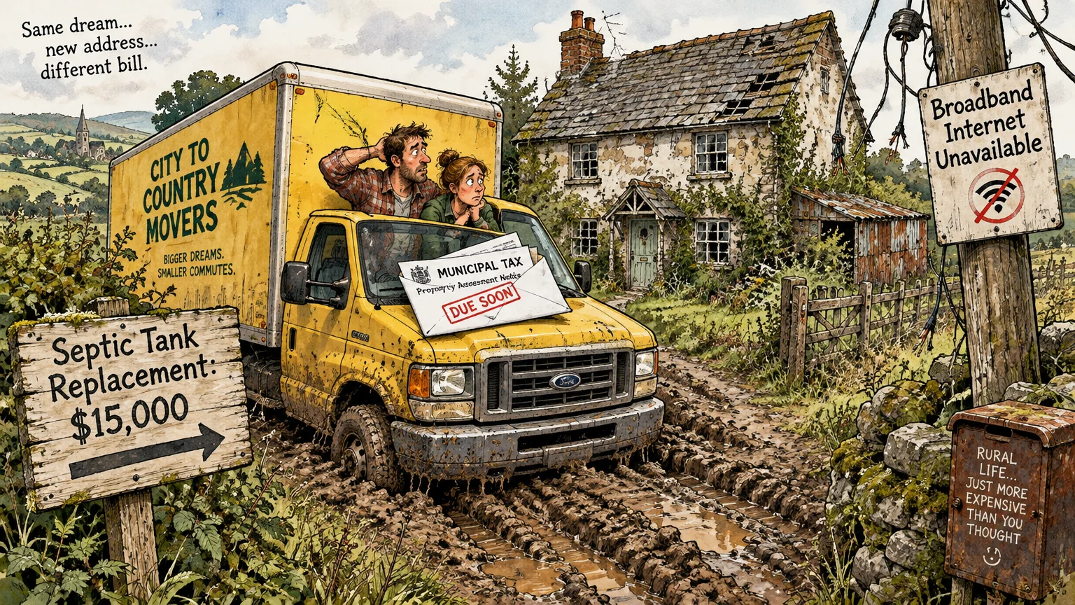 Illustration of a couple in a moving truck stuck in deep mud outside a dilapidated cottage with expensive fee signs.