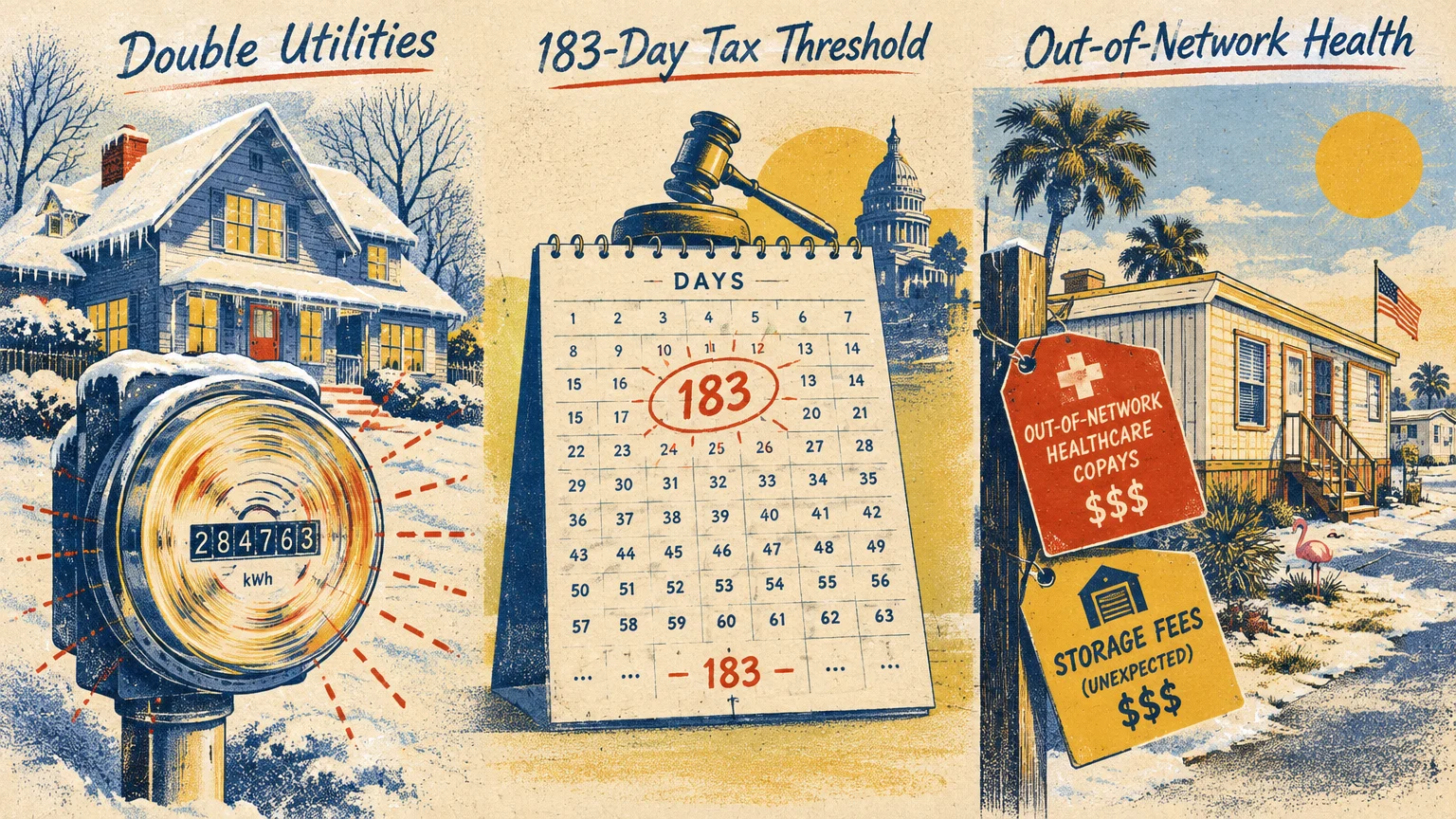 Three panels showing a spinning electric meter, a calendar marked 183 with a gavel, and tags for out-of-network copays.