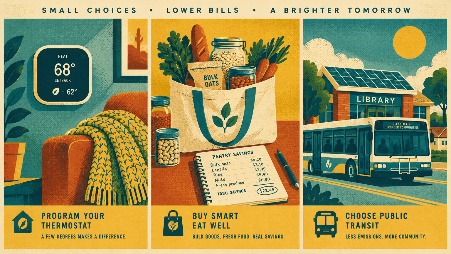 Three-panel vintage illustration depicting a home thermostat, a grocery bag with pantry savings, and a public transit bus.