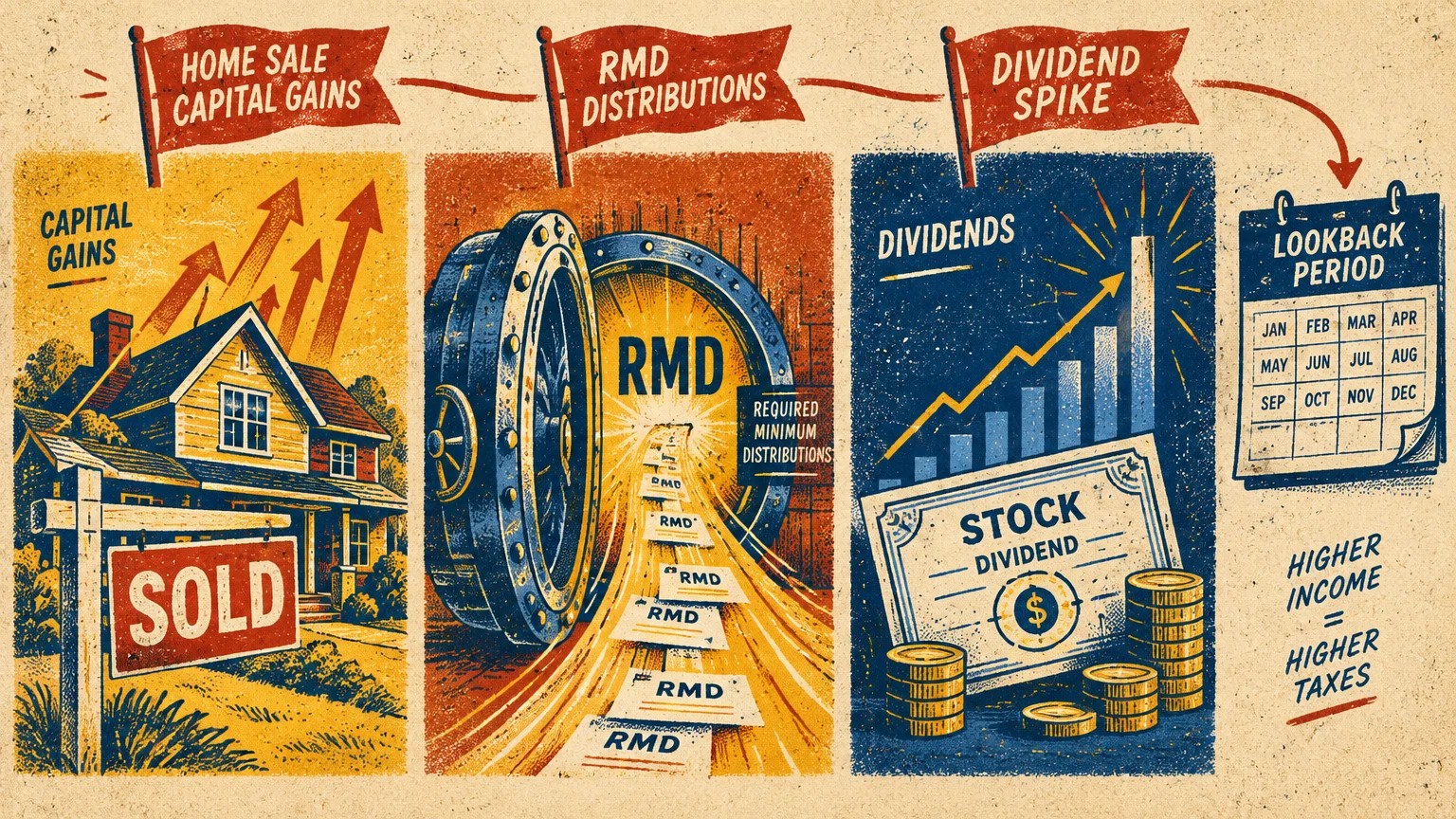 Retro illustration showing home sale capital gains, bank vault RMD distributions, stock dividends, and a lookback calendar.