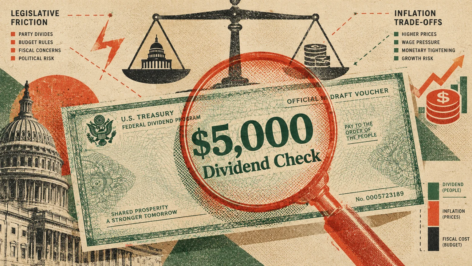 Magnifying glass over a $5,000 dividend check voucher beside the Capitol dome, balanced scales, and economic charts.
