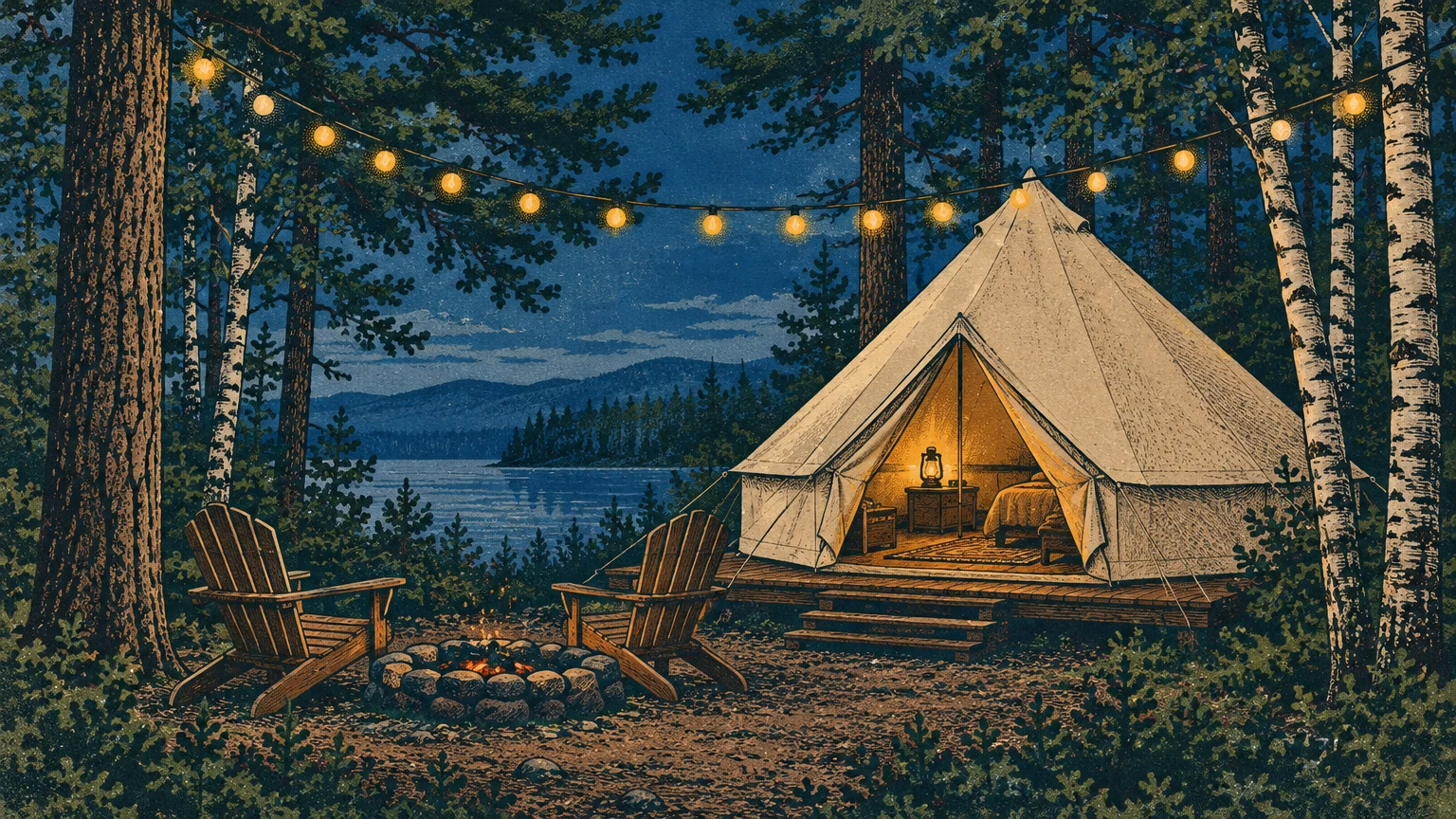 Screenprint illustration of an illuminated glamping tent, fire pit, and string lights by a quiet lake in the woods at night.
