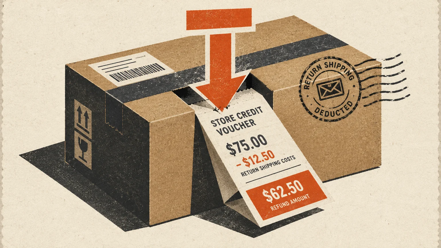 Illustration of a cardboard shipping box with a receipt showing return shipping costs deducted from a refund.