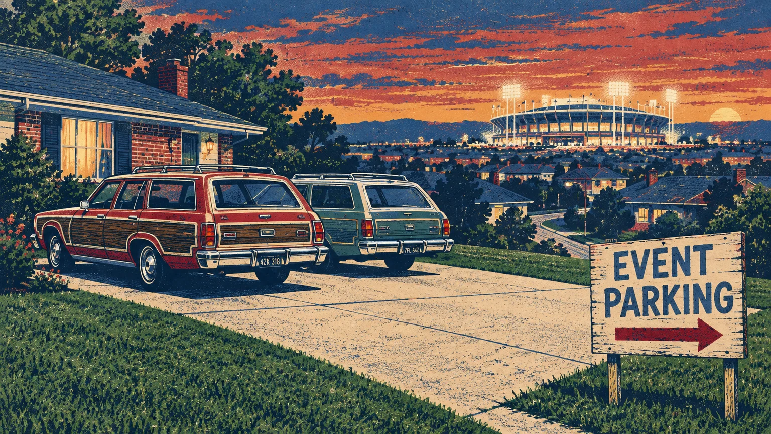 Retro illustration of station wagons parked in a driveway next to an event parking sign overlooking an illuminated stadium.